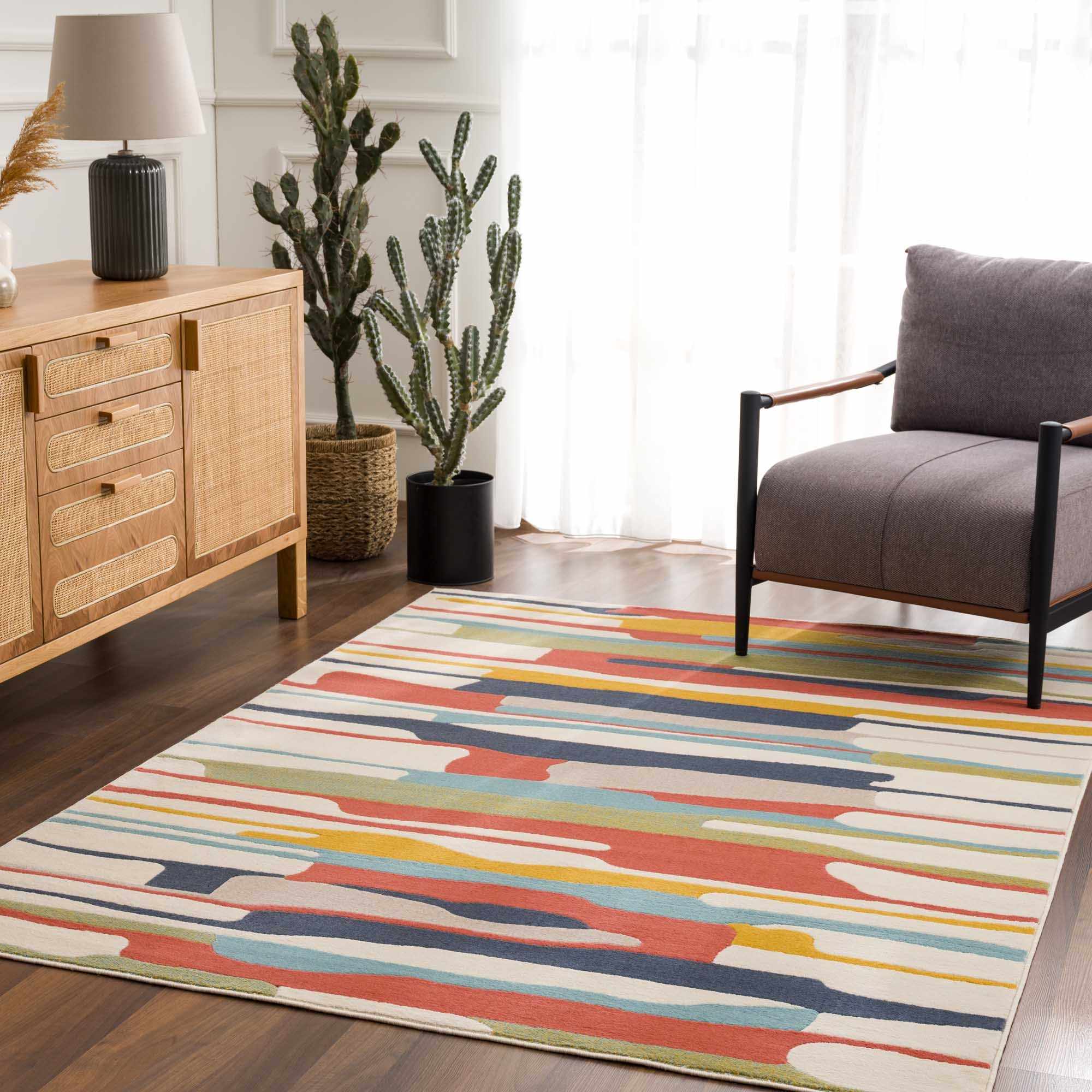 Modern Abstract Stripes Beige, Navy and Red Medium Pile Area Rug, Kids Rug - Image 17