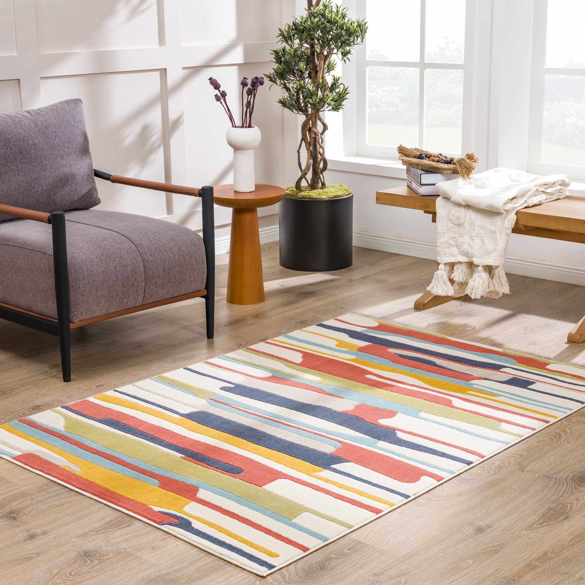 Modern Abstract Stripes Beige, Navy and Red Medium Pile Area Rug, Kids Rug - Image 18