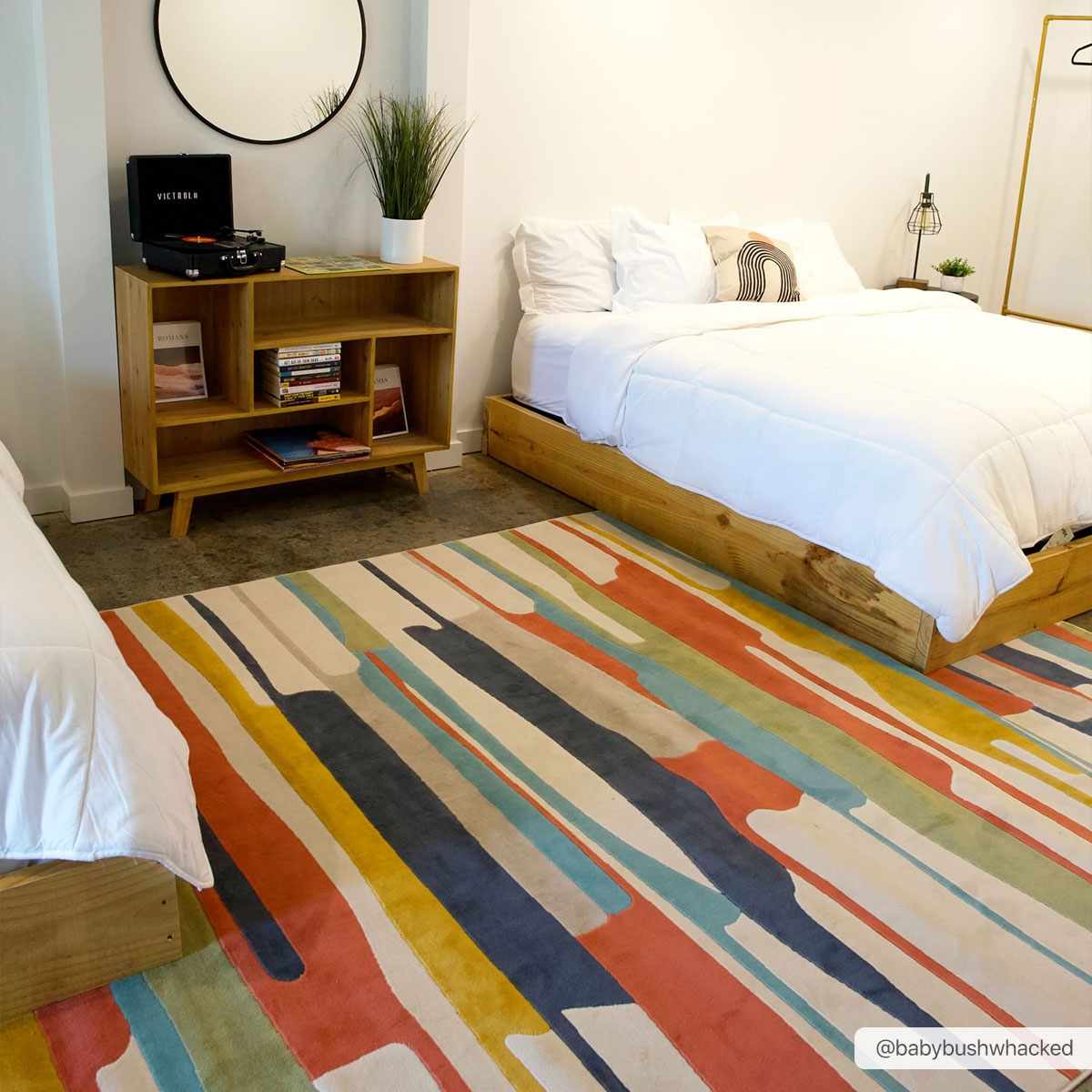 Modern Abstract Stripes Beige, Navy and Red Medium Pile Area Rug, Kids Rug - Image 2