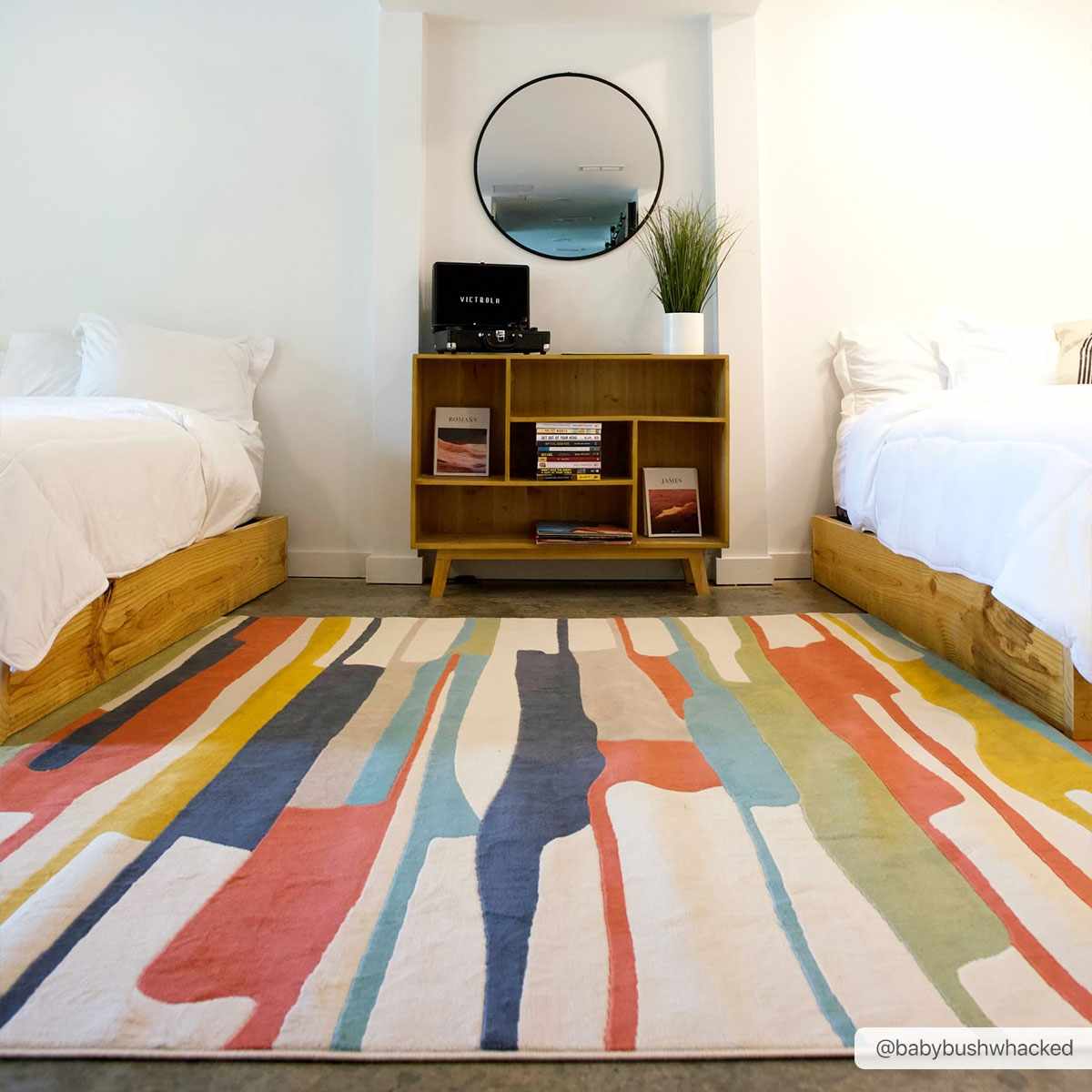 Modern Abstract Stripes Beige, Navy and Red Medium Pile Area Rug, Kids Rug - Image 3