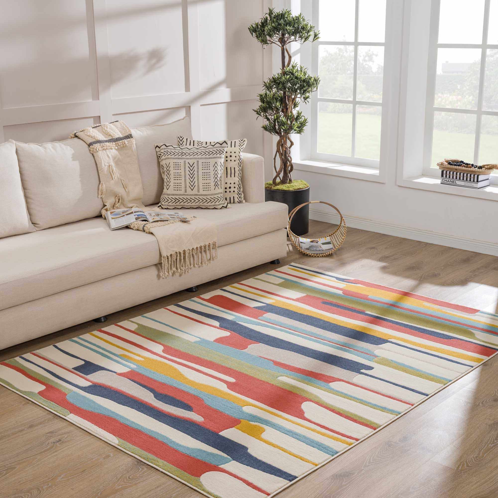 Modern Abstract Stripes Beige, Navy and Red Medium Pile Area Rug, Kids Rug - Image 4