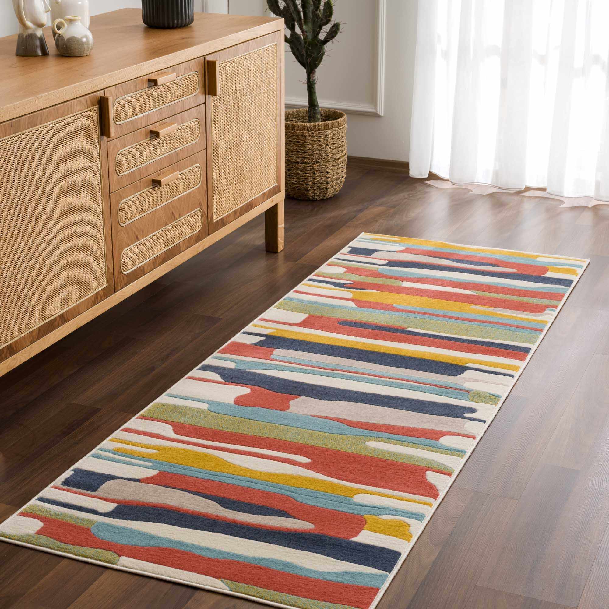 Modern Abstract Stripes Beige, Navy and Red Medium Pile Area Rug, Kids Rug - Image 5