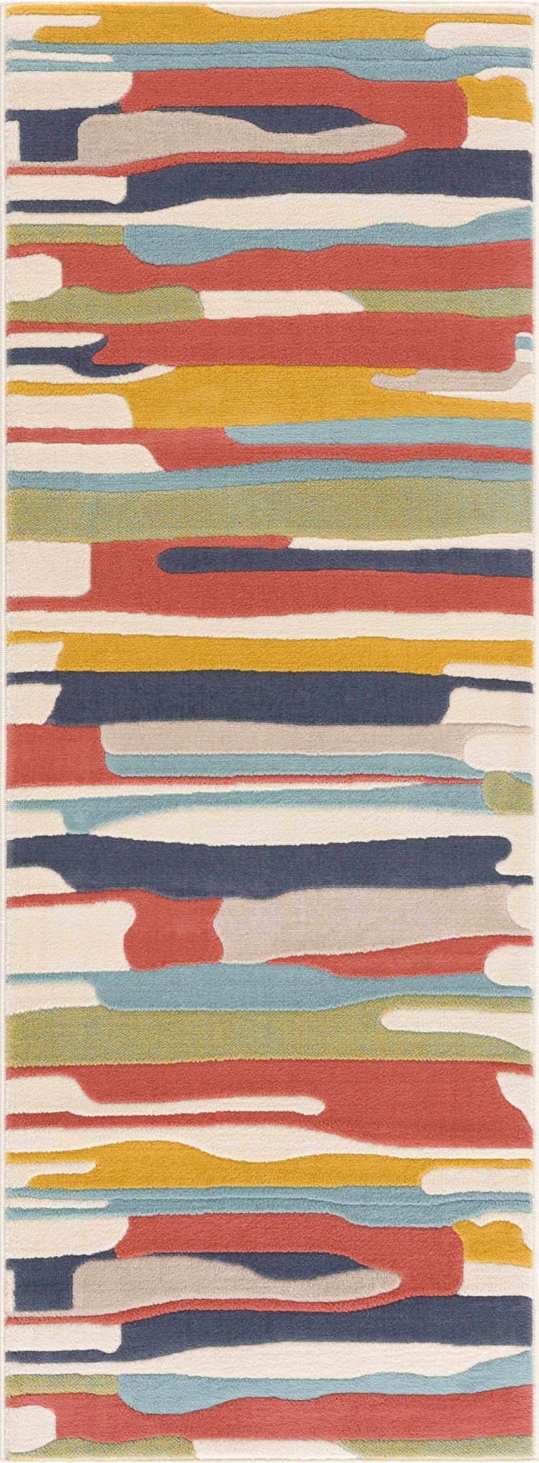 Modern Abstract Stripes Beige, Navy and Red Medium Pile Area Rug, Kids Rug - Image 6