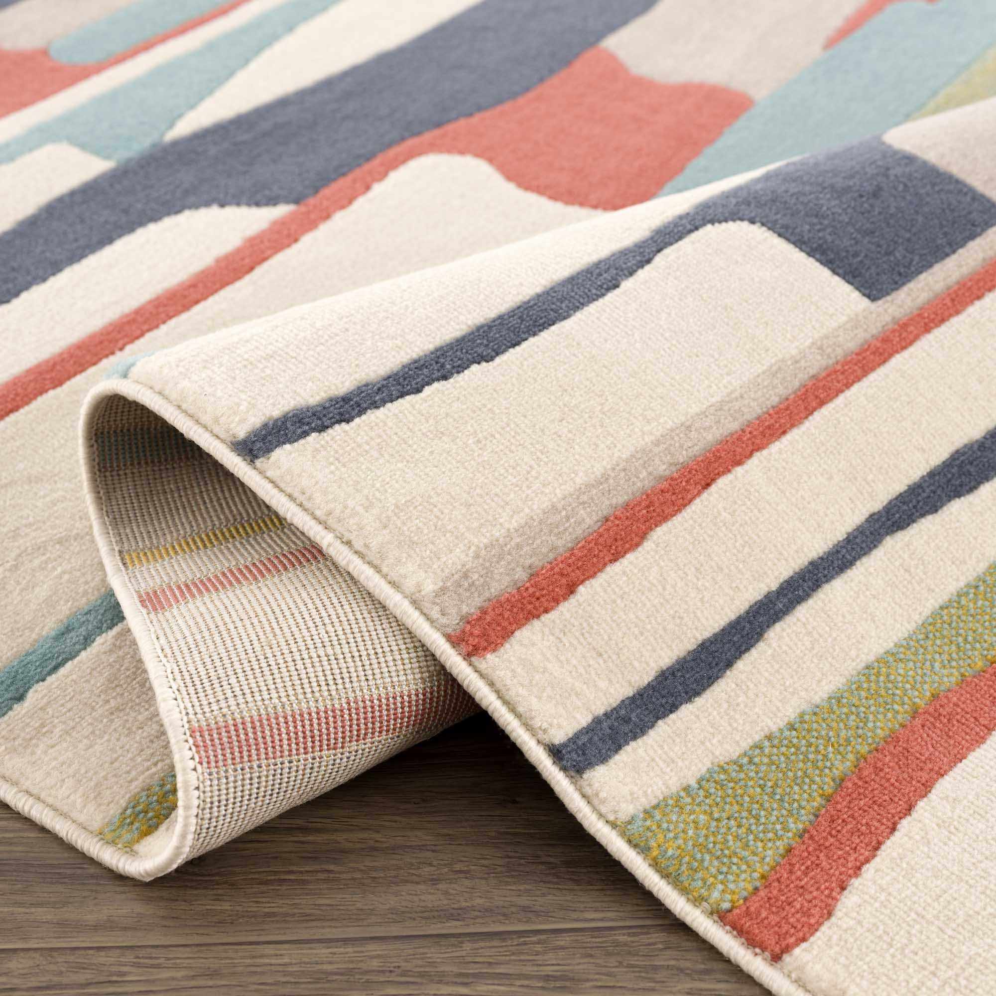 Modern Abstract Stripes Beige, Navy and Red Medium Pile Area Rug, Kids Rug - Image 9