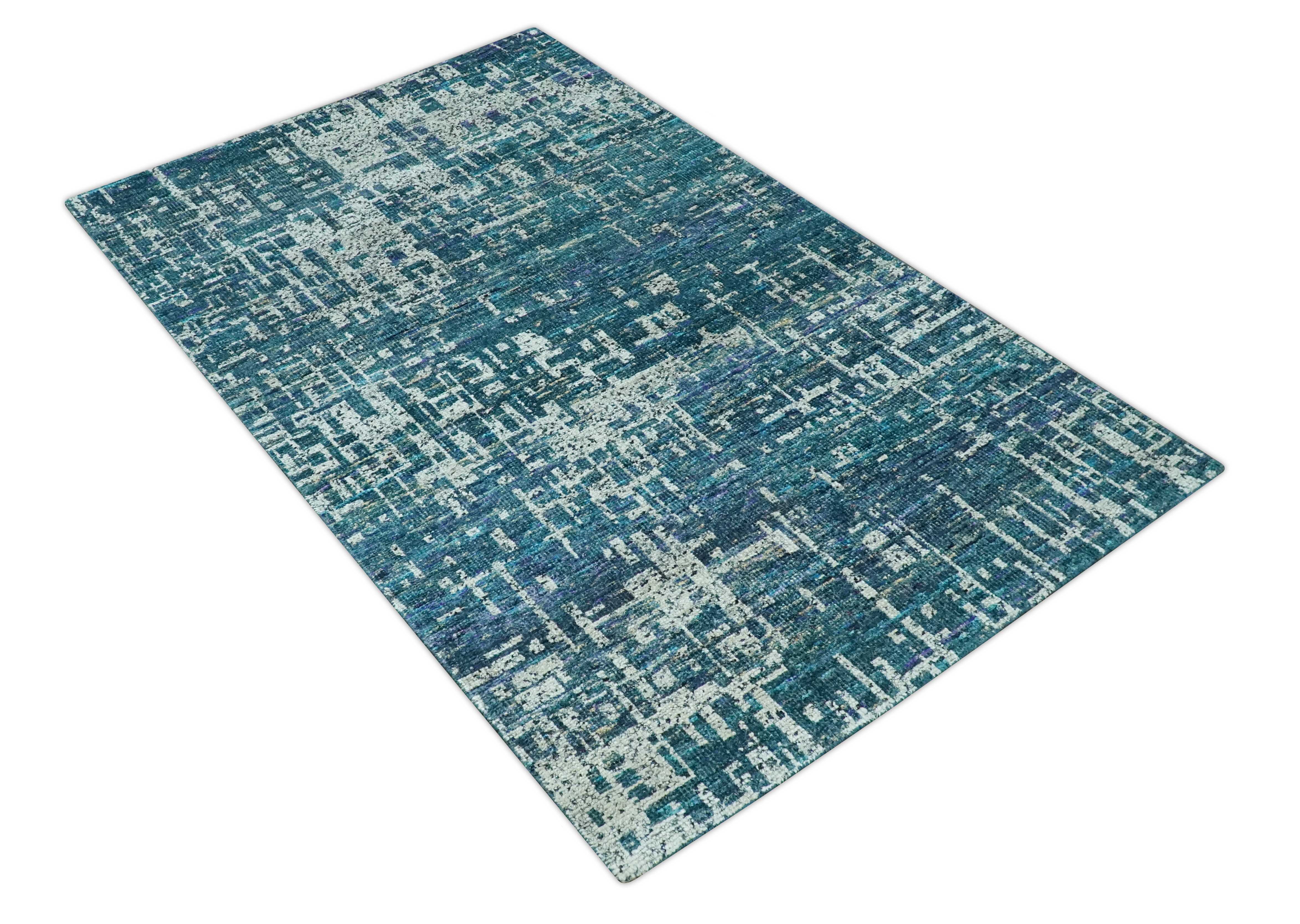 Modern Abstract Hand Knotted Teal and Ivory Contemporary Recycled Silk Area Rug - Image 10