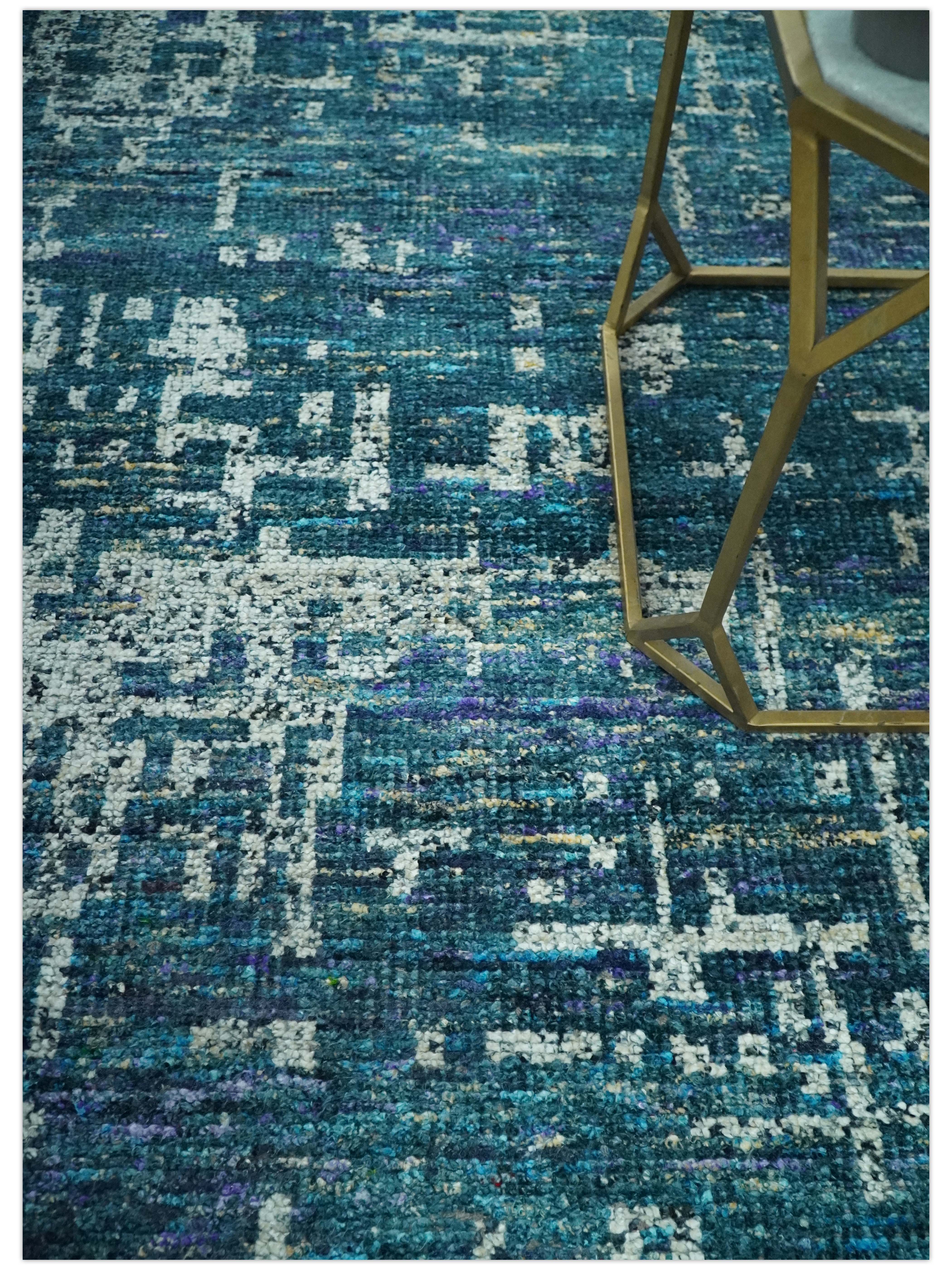 Modern Abstract Hand Knotted Teal and Ivory Contemporary Recycled Silk Area Rug - Image 2