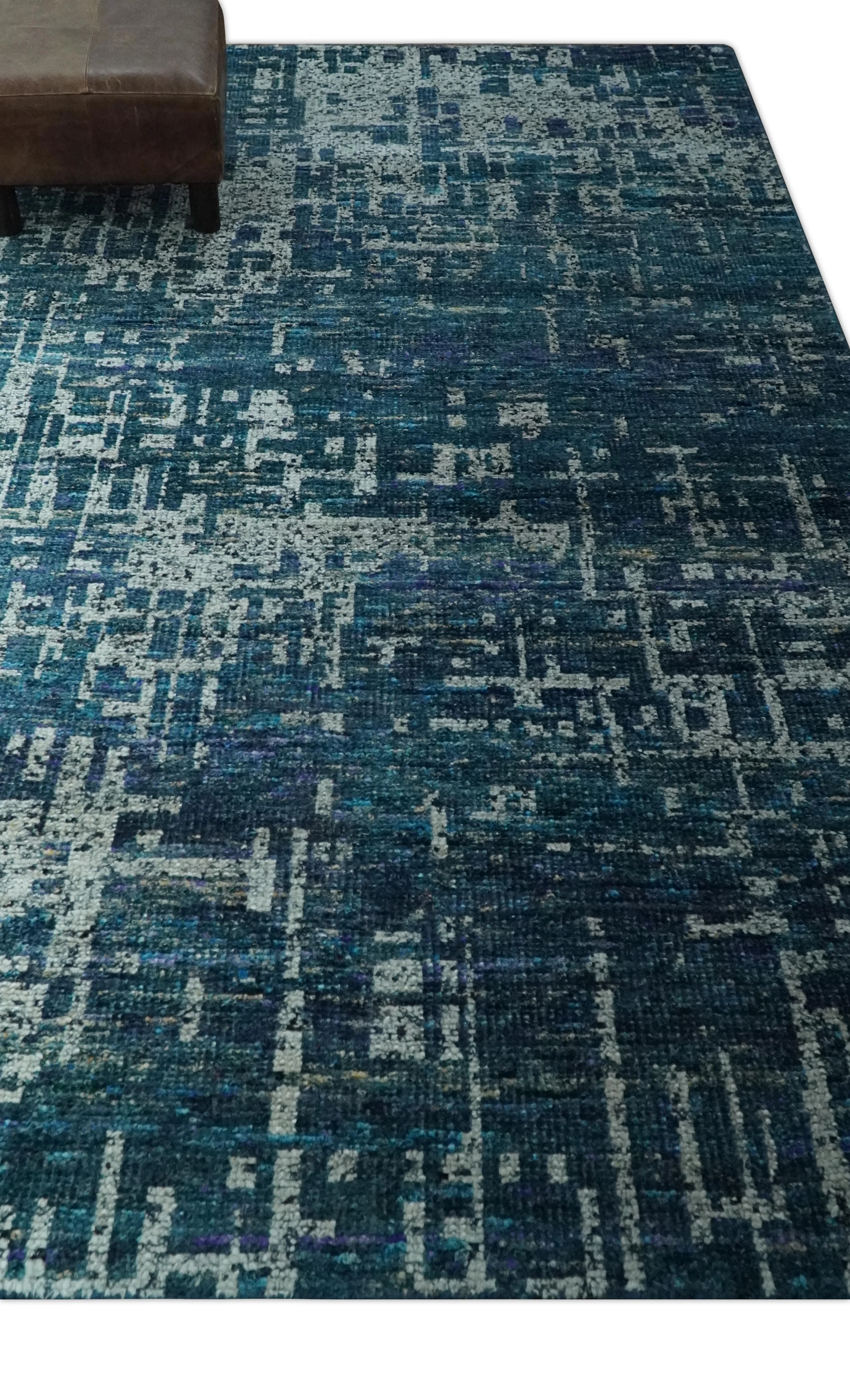 Modern Abstract Hand Knotted Teal and Ivory Contemporary Recycled Silk Area Rug - Image 3