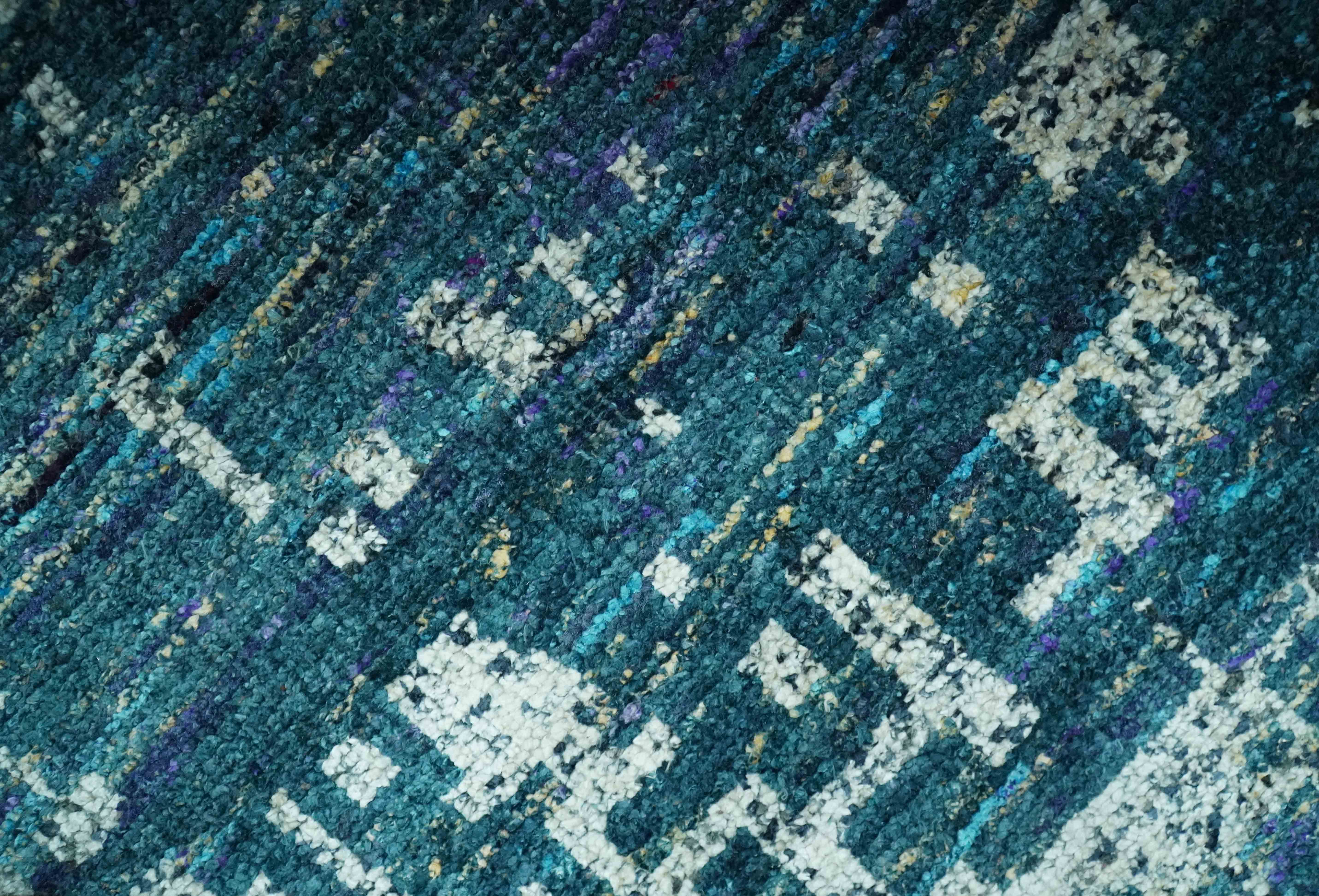 Modern Abstract Hand Knotted Teal and Ivory Contemporary Recycled Silk Area Rug - Image 4