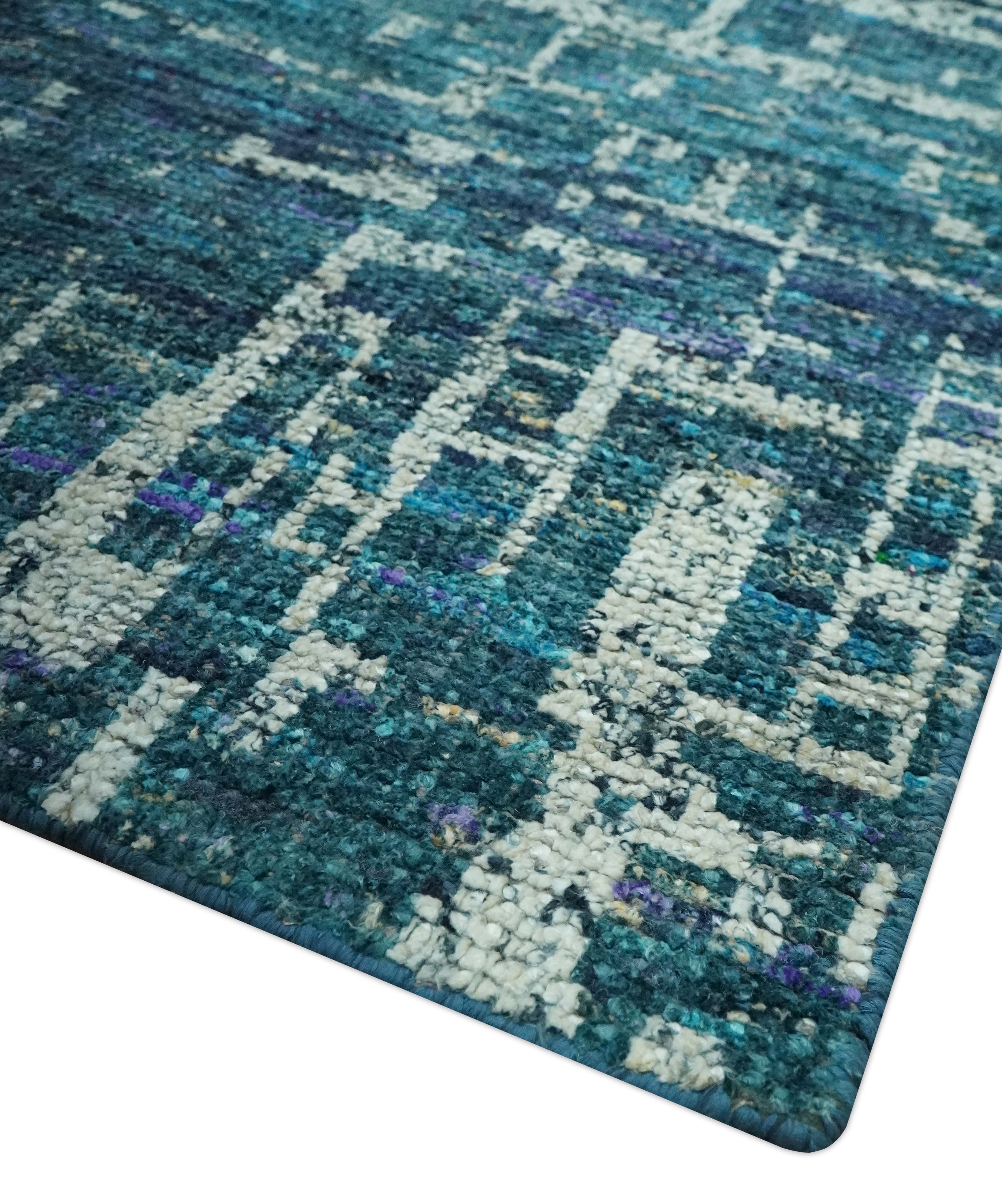 Modern Abstract Hand Knotted Teal and Ivory Contemporary Recycled Silk Area Rug - Image 5
