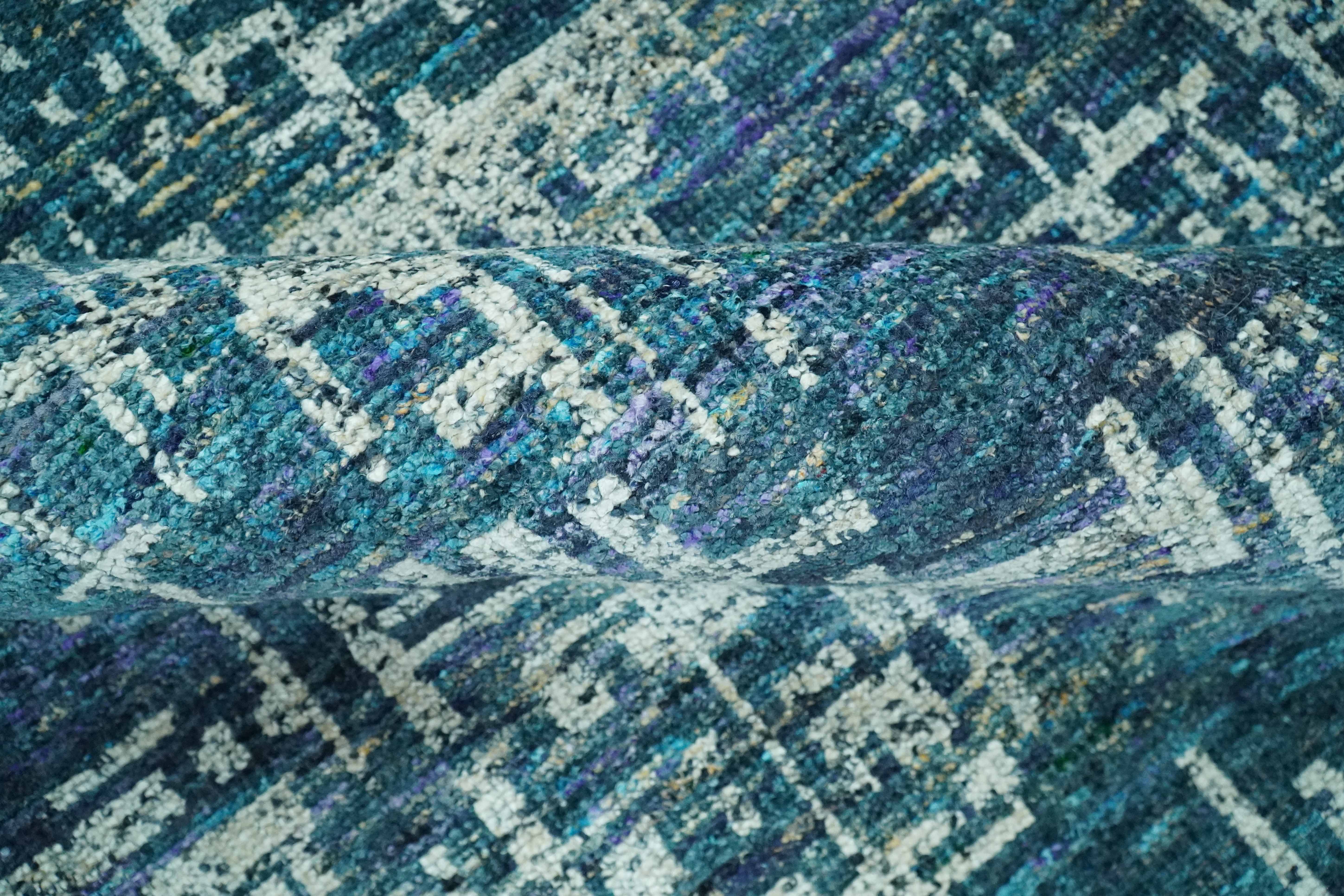 Modern Abstract Hand Knotted Teal and Ivory Contemporary Recycled Silk Area Rug - Image 6