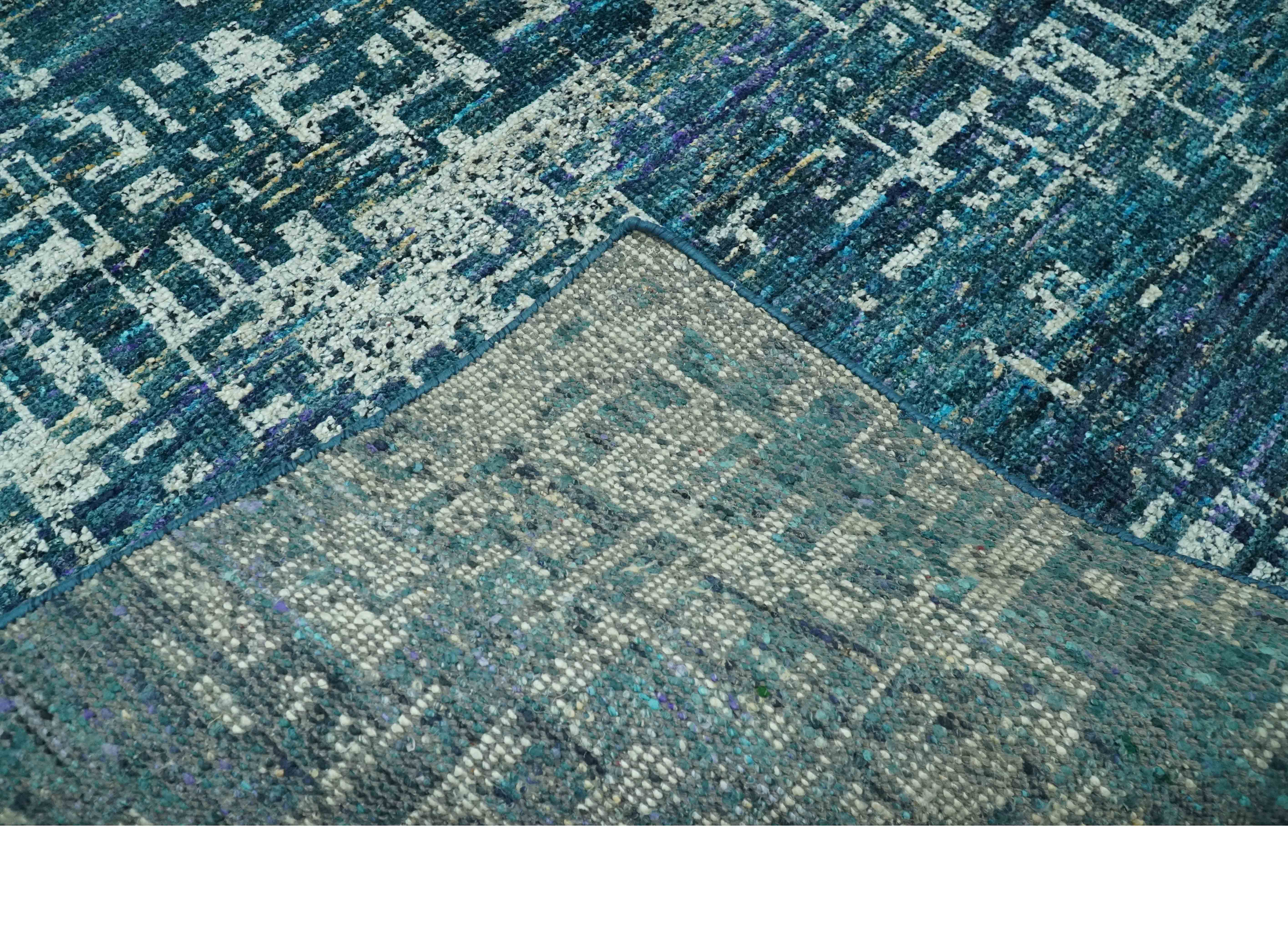 Modern Abstract Hand Knotted Teal and Ivory Contemporary Recycled Silk Area Rug - Image 7