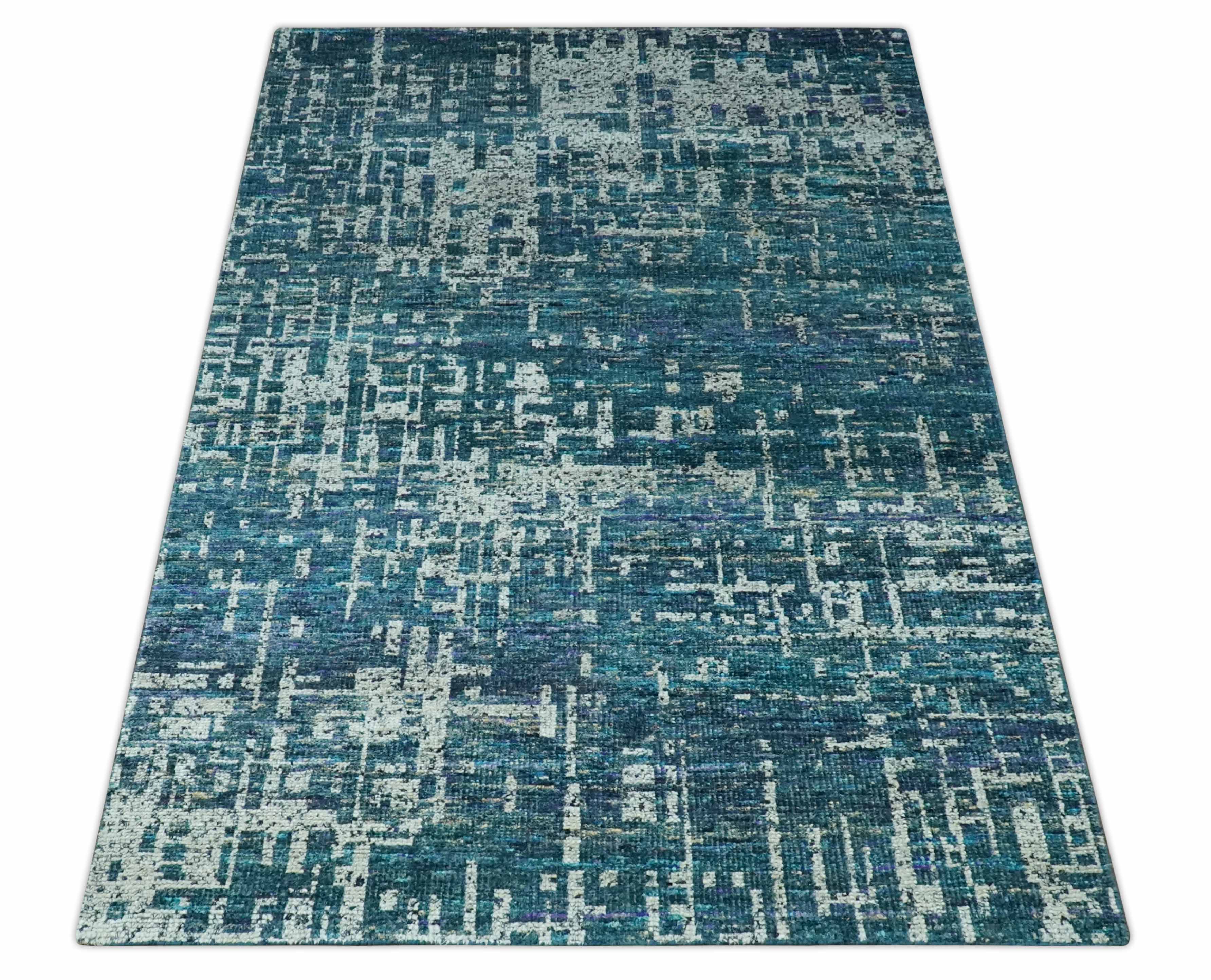 Modern Abstract Hand Knotted Teal and Ivory Contemporary Recycled Silk Area Rug - Image 9
