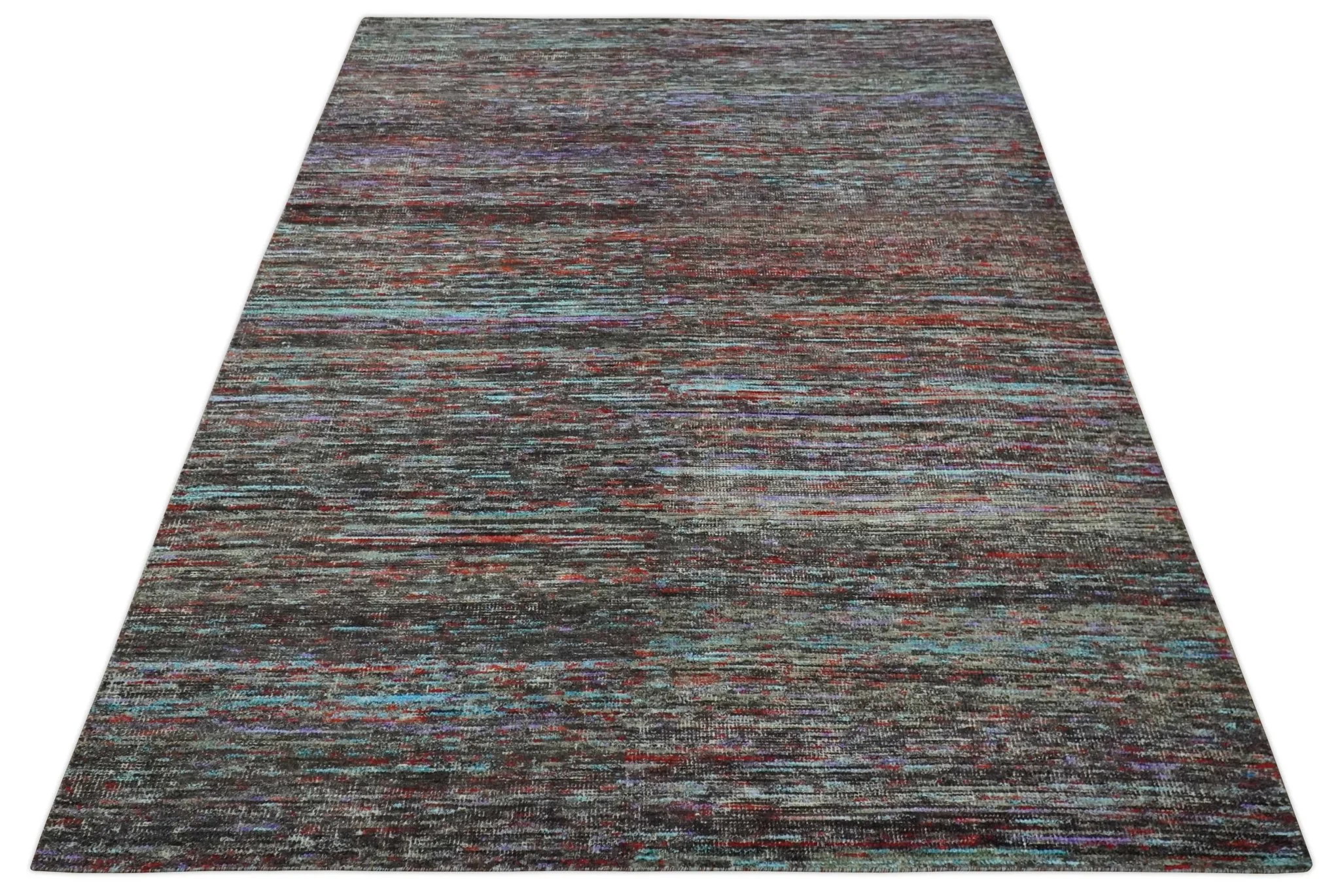 Modern Abstract Vibrant Colorful Maroon, Violet, Blue and Charcoal Hand knotted Flat Woven 8x11.6 wool Area Rug - Image 10