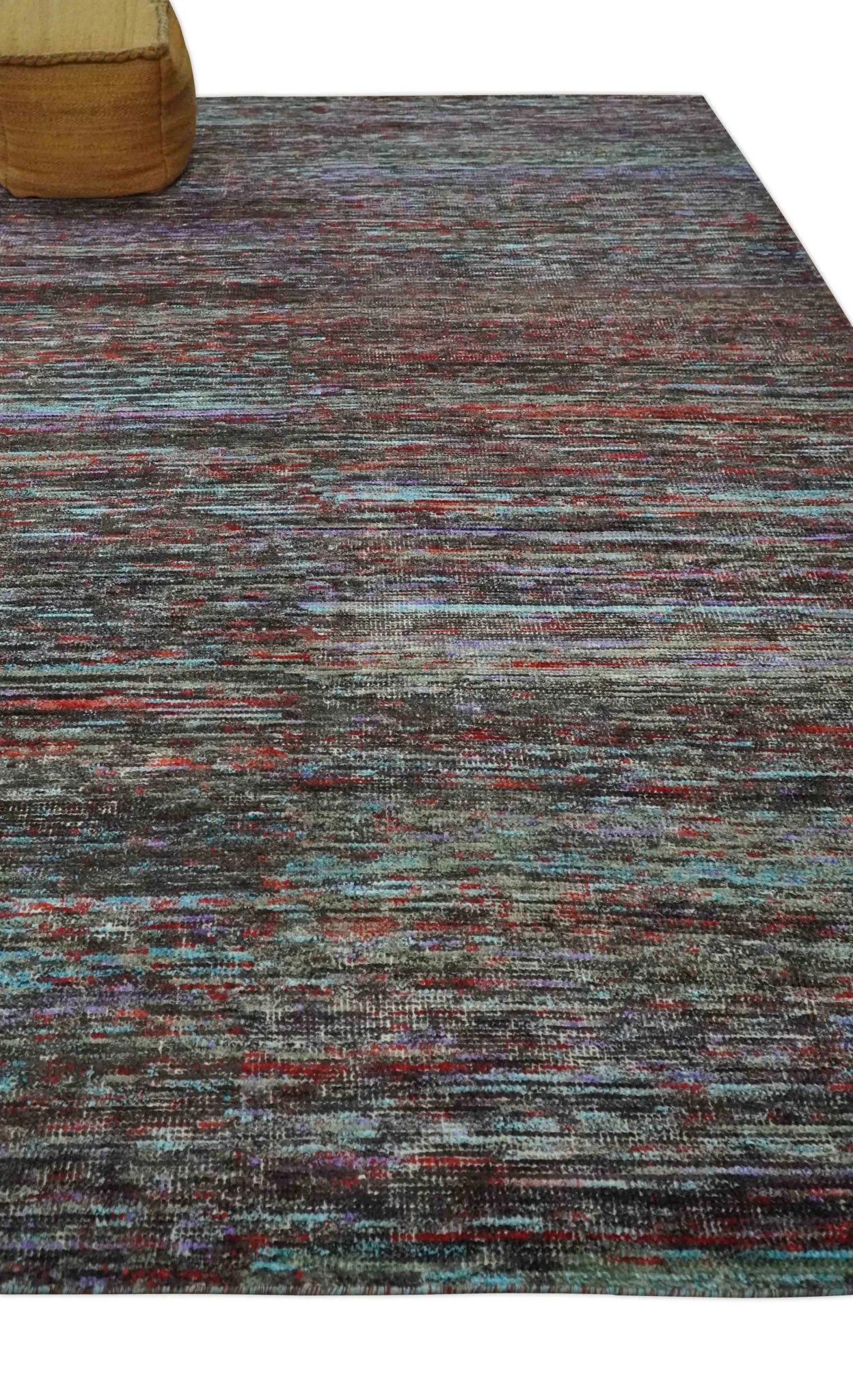 Modern Abstract Vibrant Colorful Maroon, Violet, Blue and Charcoal Hand knotted Flat Woven 8x11.6 wool Area Rug - Image 3