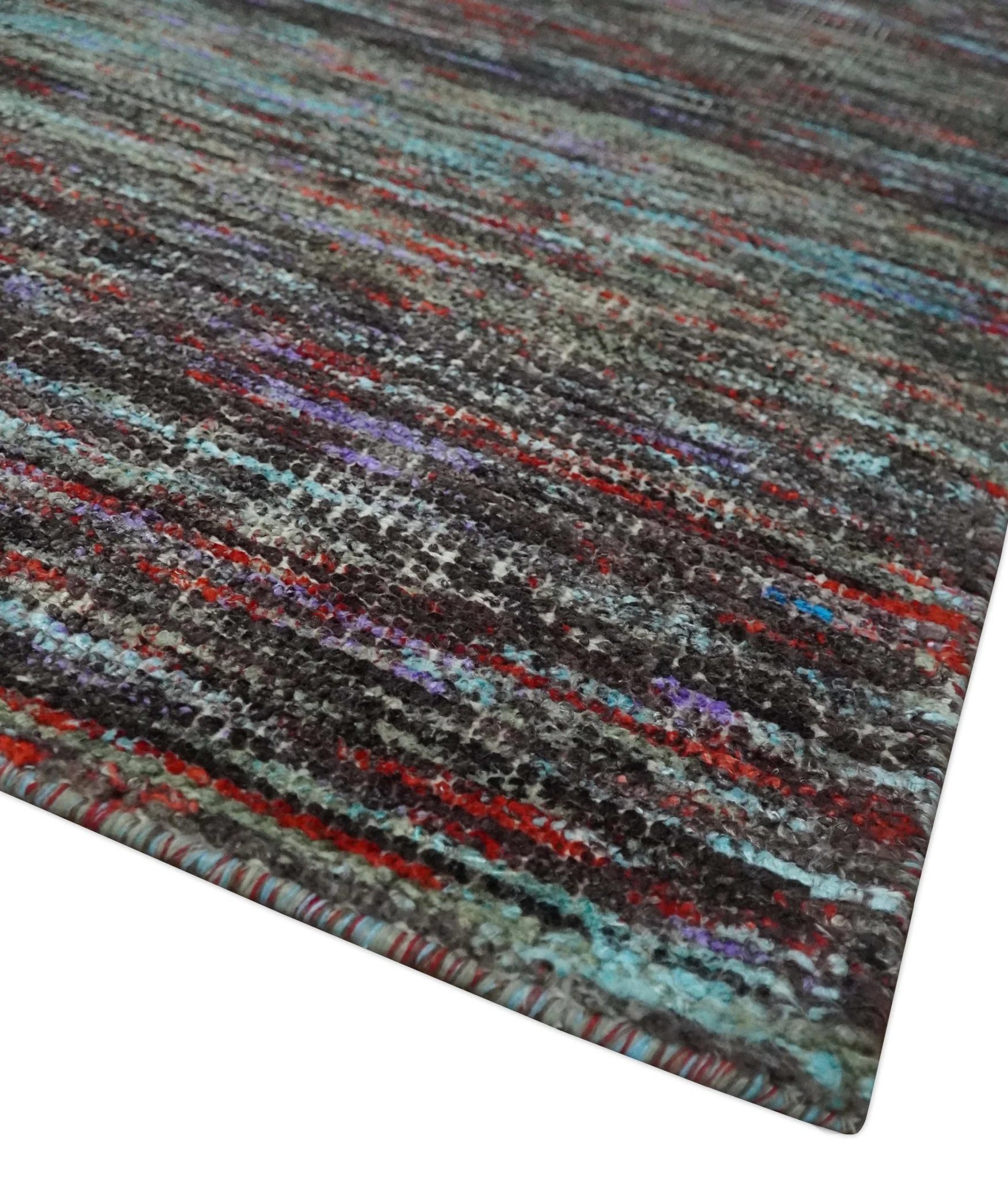 Modern Abstract Vibrant Colorful Maroon, Violet, Blue and Charcoal Hand knotted Flat Woven 8x11.6 wool Area Rug - Image 5