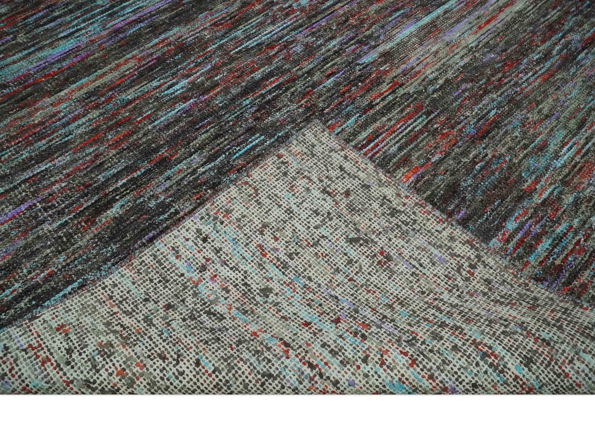 Modern Abstract Vibrant Colorful Maroon, Violet, Blue and Charcoal Hand knotted Flat Woven 8x11.6 wool Area Rug - Image 6