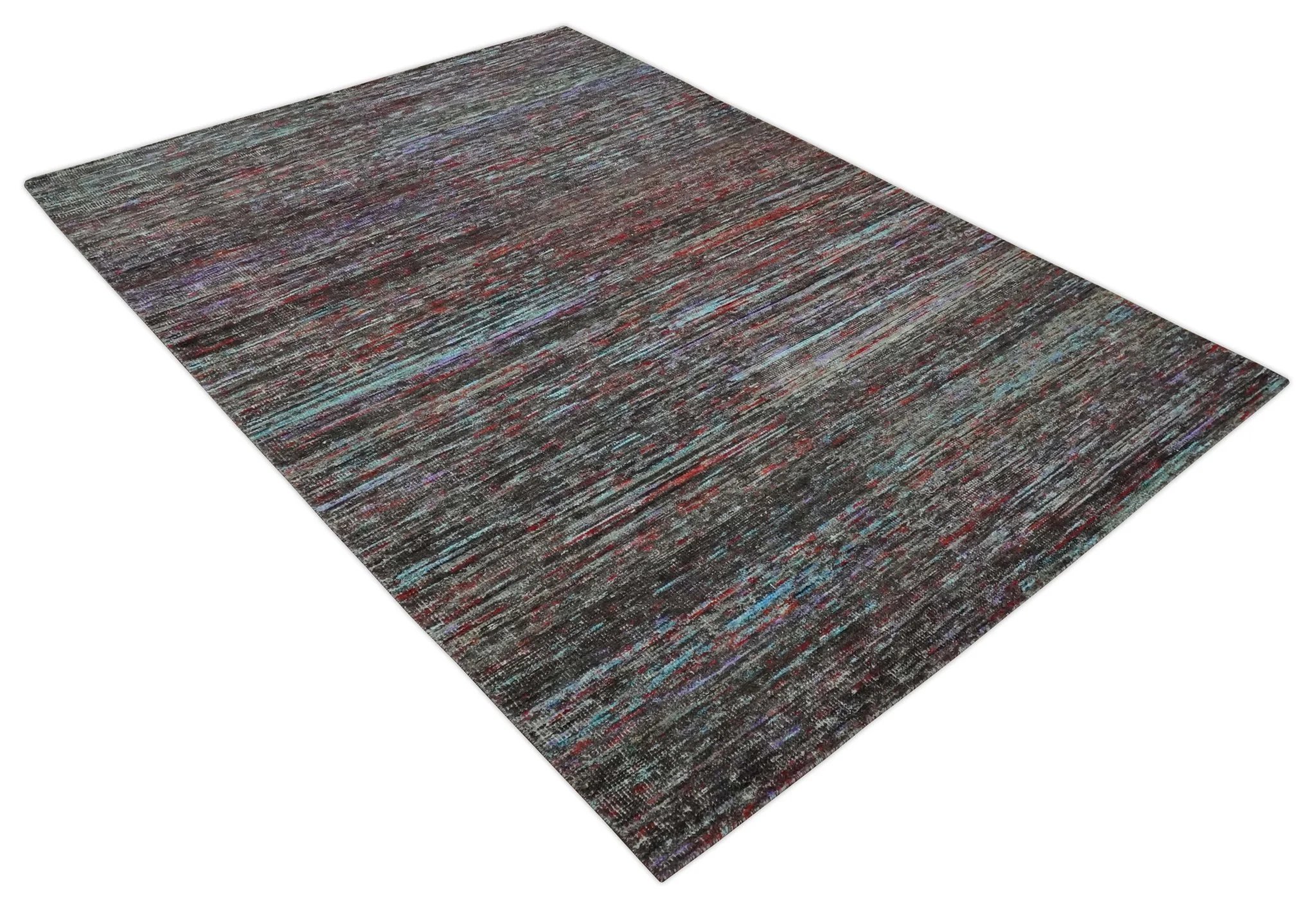 Modern Abstract Vibrant Colorful Maroon, Violet, Blue and Charcoal Hand knotted Flat Woven 8x11.6 wool Area Rug - Image 9