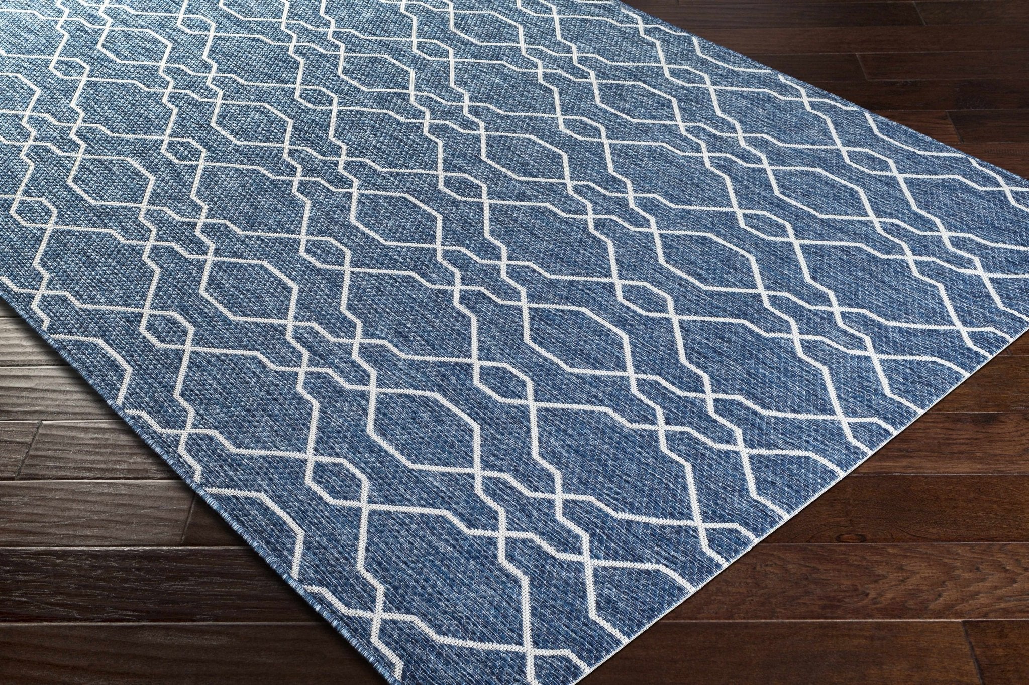 Aldford Denim Modern Geometrical Blue And Cream Machine Woven Outdoor Carpet - Image 13