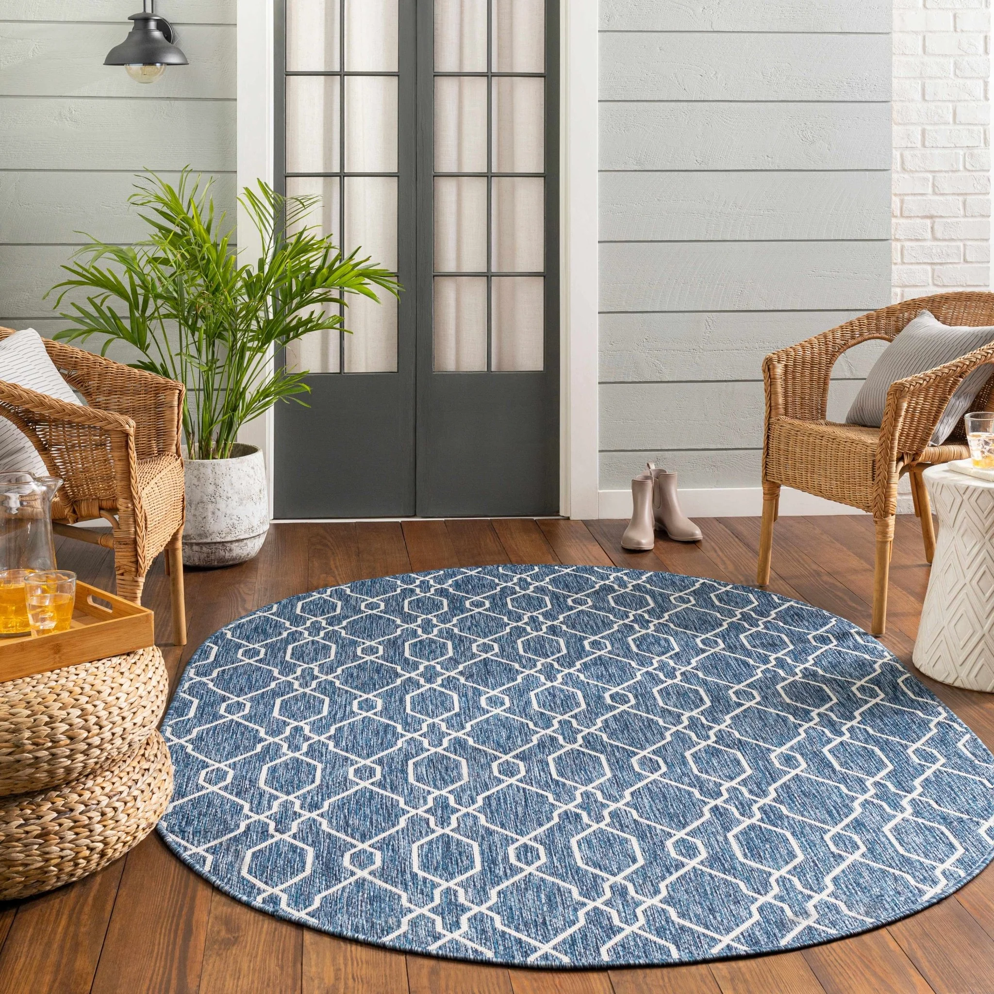 Aldford Denim Modern Geometrical Blue And Cream Machine Woven Outdoor Carpet - Image 16