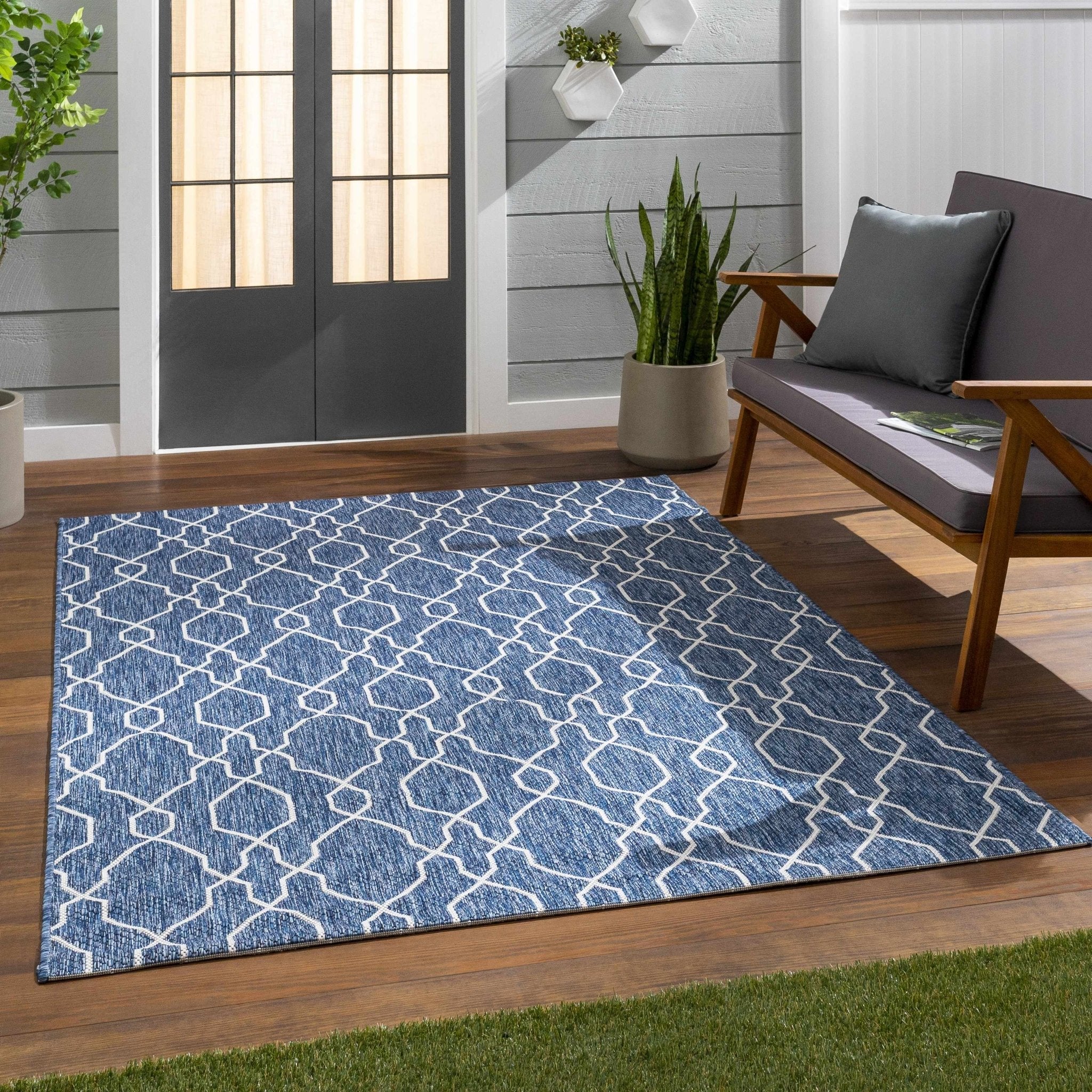 Aldford Denim Modern Geometrical Blue And Cream Machine Woven Outdoor Carpet - Image 17