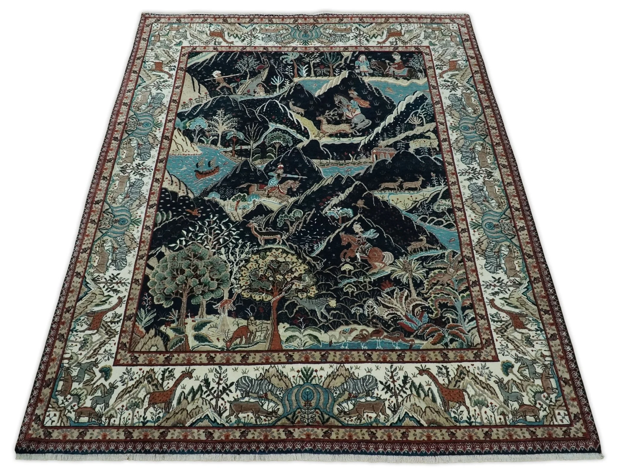 Animal Hunting Rug 8x10 and 9.3x12.4 Wool Black, Rust and Ivory Hand knotted Area Rug, Old style Rug - Image 10