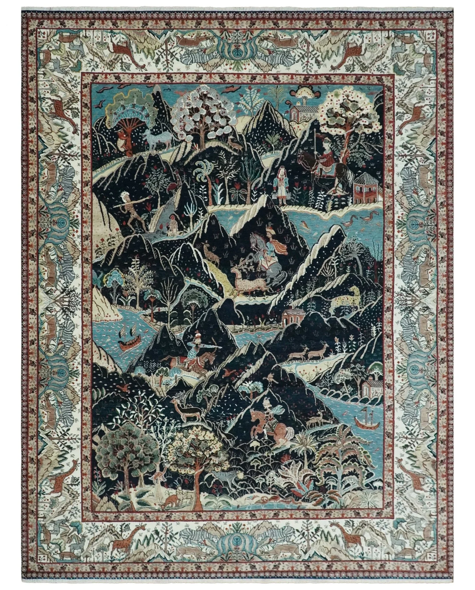 Animal Hunting Rug 8x10 and 9.3x12.4 Wool Black, Rust and Ivory Hand knotted Area Rug, Old style Rug - Image 11