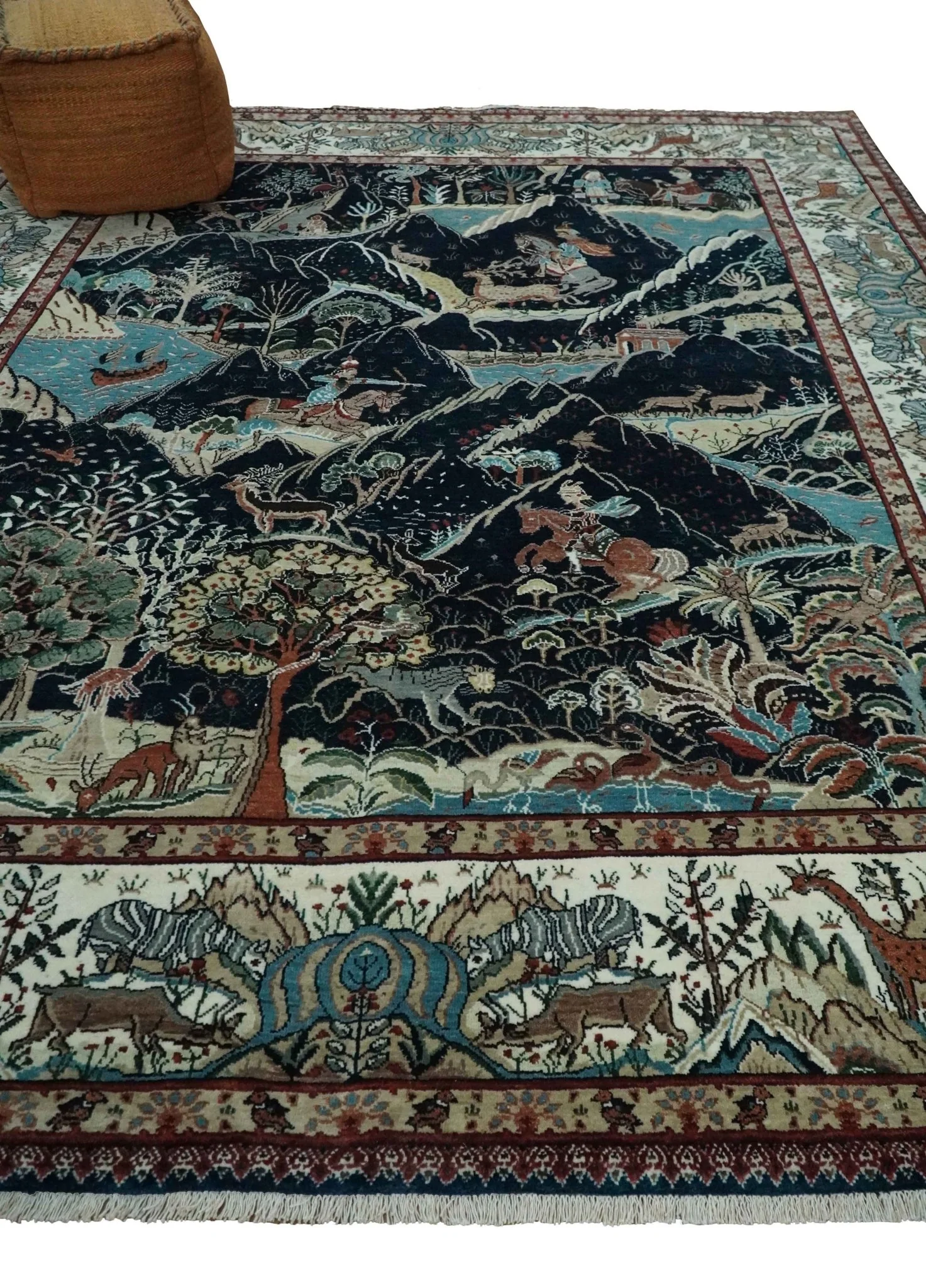 Animal Hunting Rug 8x10 and 9.3x12.4 Wool Black, Rust and Ivory Hand knotted Area Rug, Old style Rug - Image 3