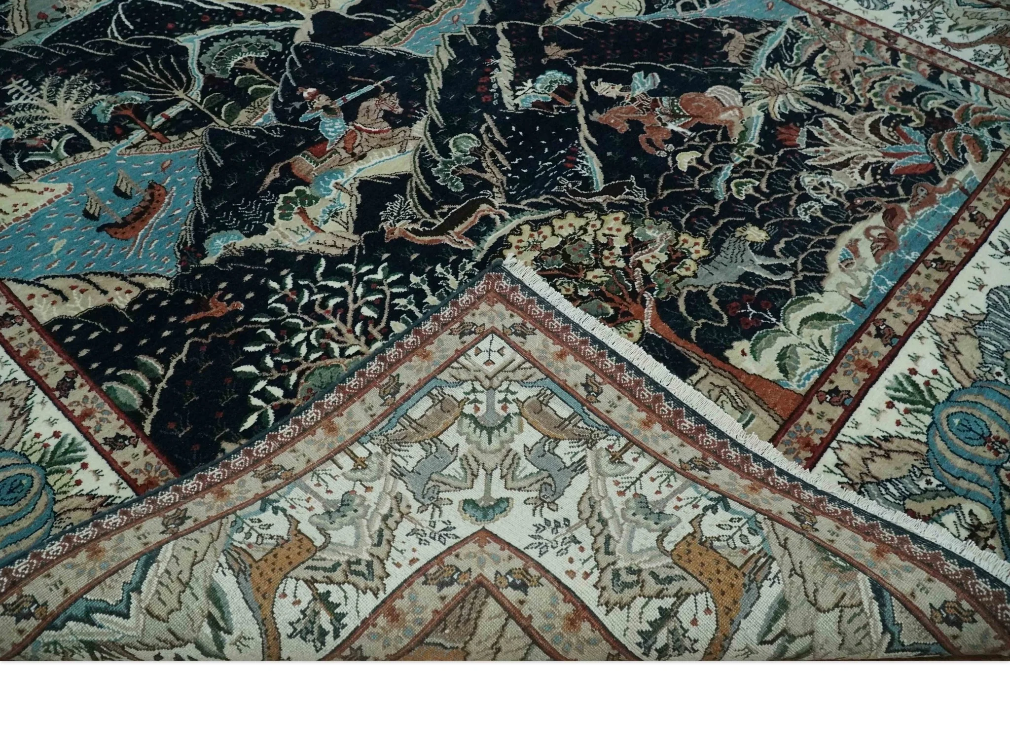 Animal Hunting Rug 8x10 and 9.3x12.4 Wool Black, Rust and Ivory Hand knotted Area Rug, Old style Rug - Image 7