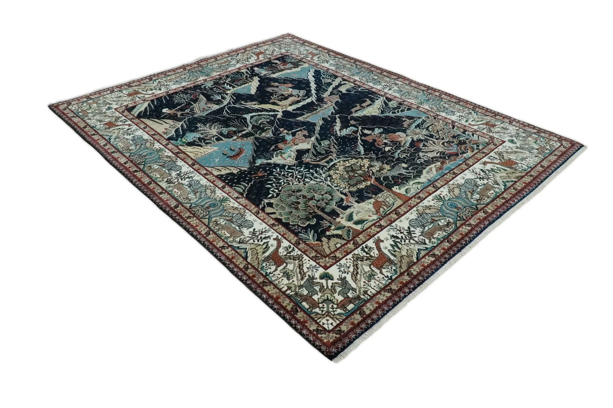 Animal Hunting Rug 8x10 and 9.3x12.4 Wool Black, Rust and Ivory Hand knotted Area Rug, Old style Rug - Image 9