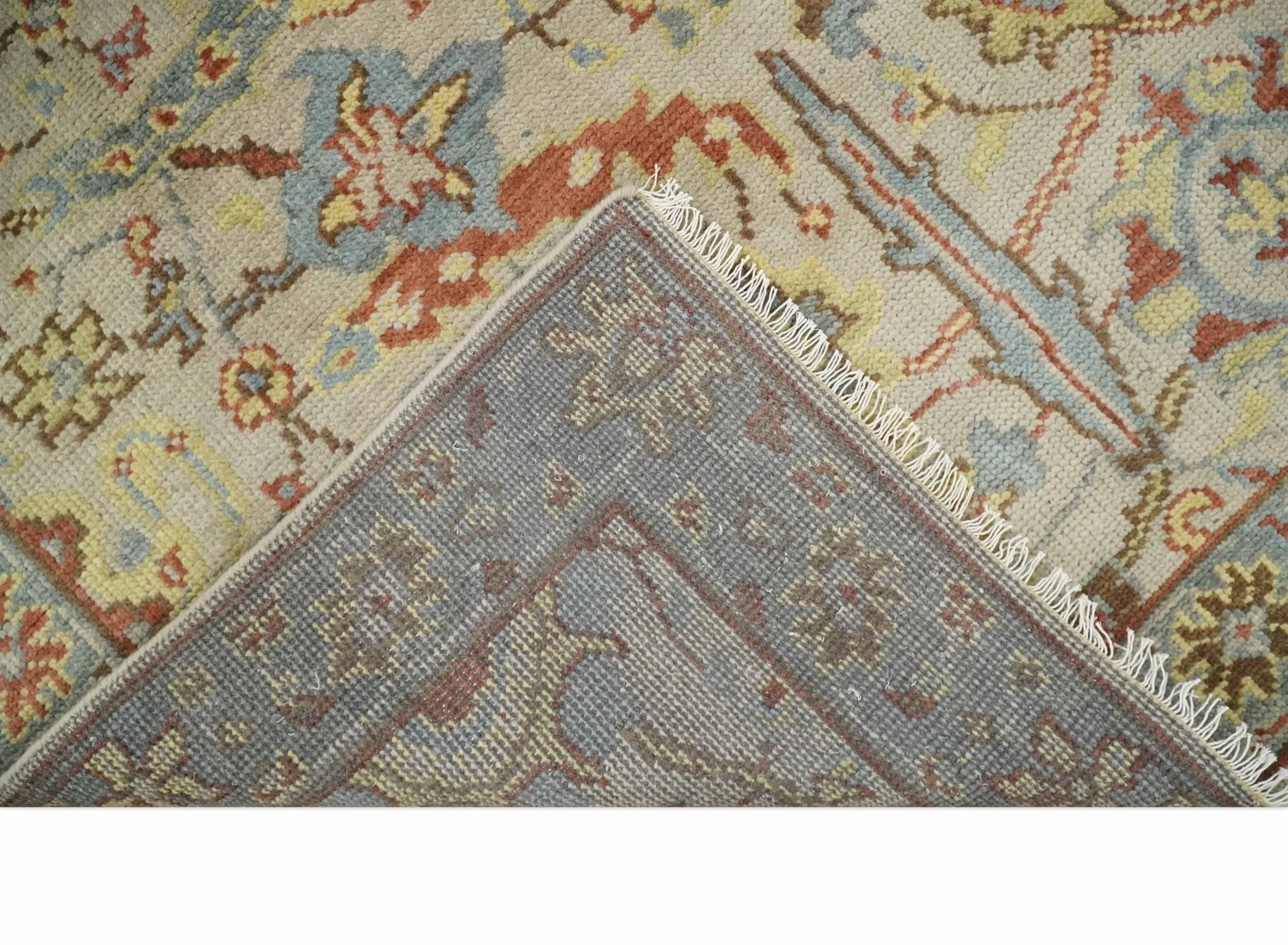 Custom Made Antique look Beige, Rust and Blue Traditional Vintage Style Hand Knotted Wool Area Rug - Image 10