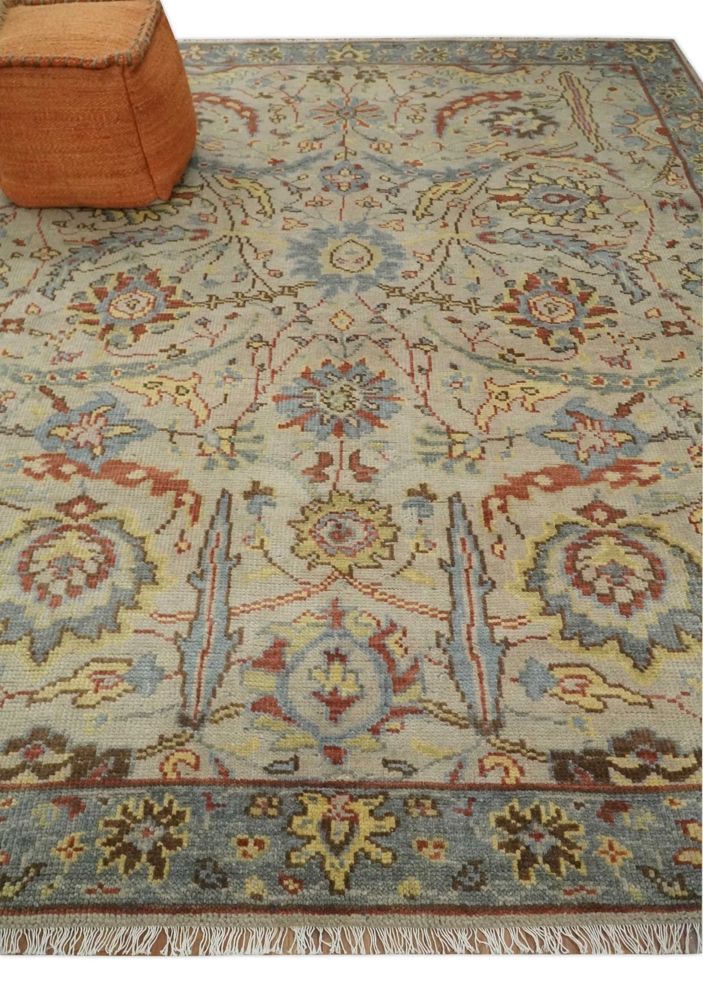 Custom Made Antique look Beige, Rust and Blue Traditional Vintage Style Hand Knotted Wool Area Rug - Image 3