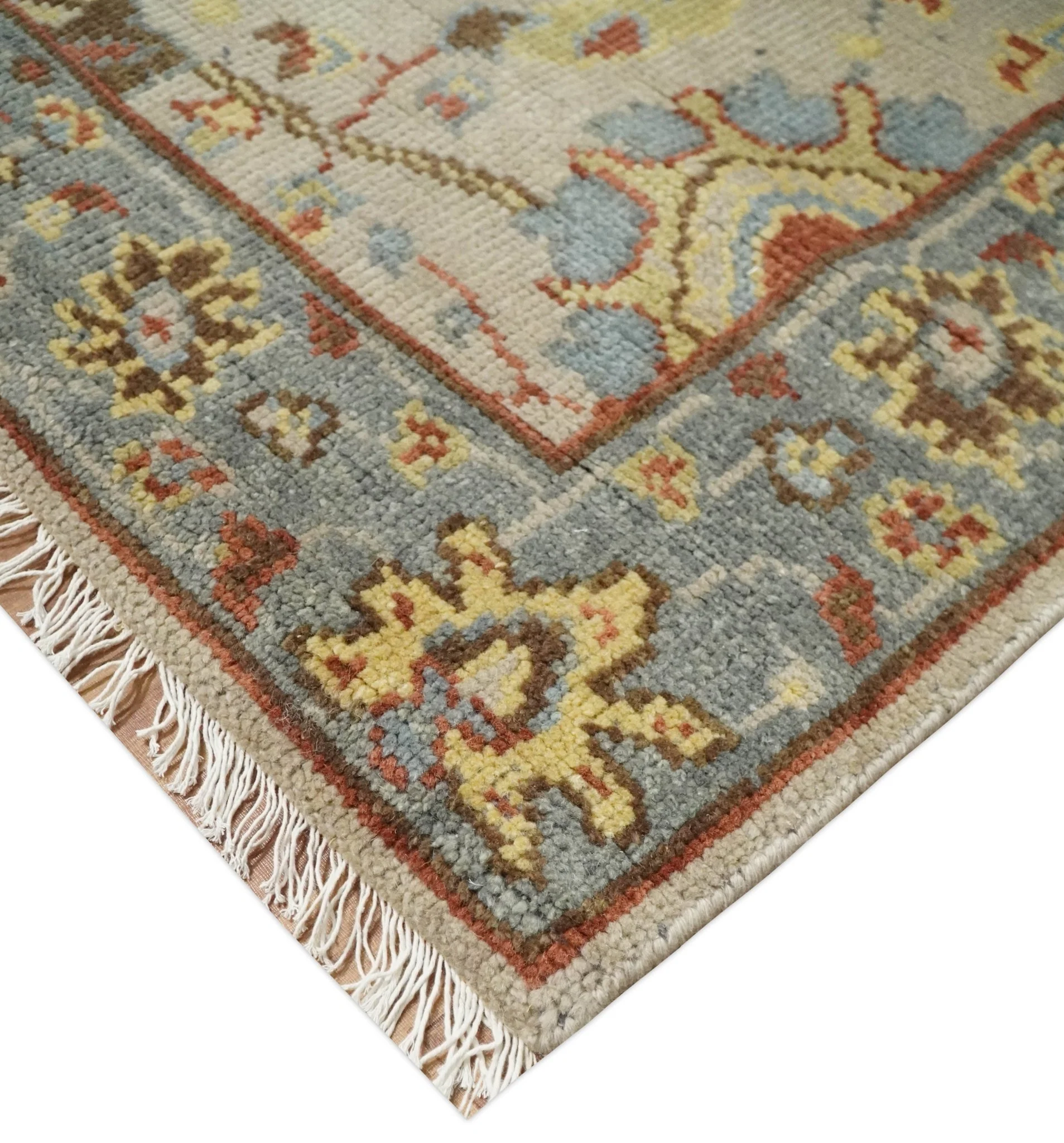 Custom Made Antique look Beige, Rust and Blue Traditional Vintage Style Hand Knotted Wool Area Rug - Image 5