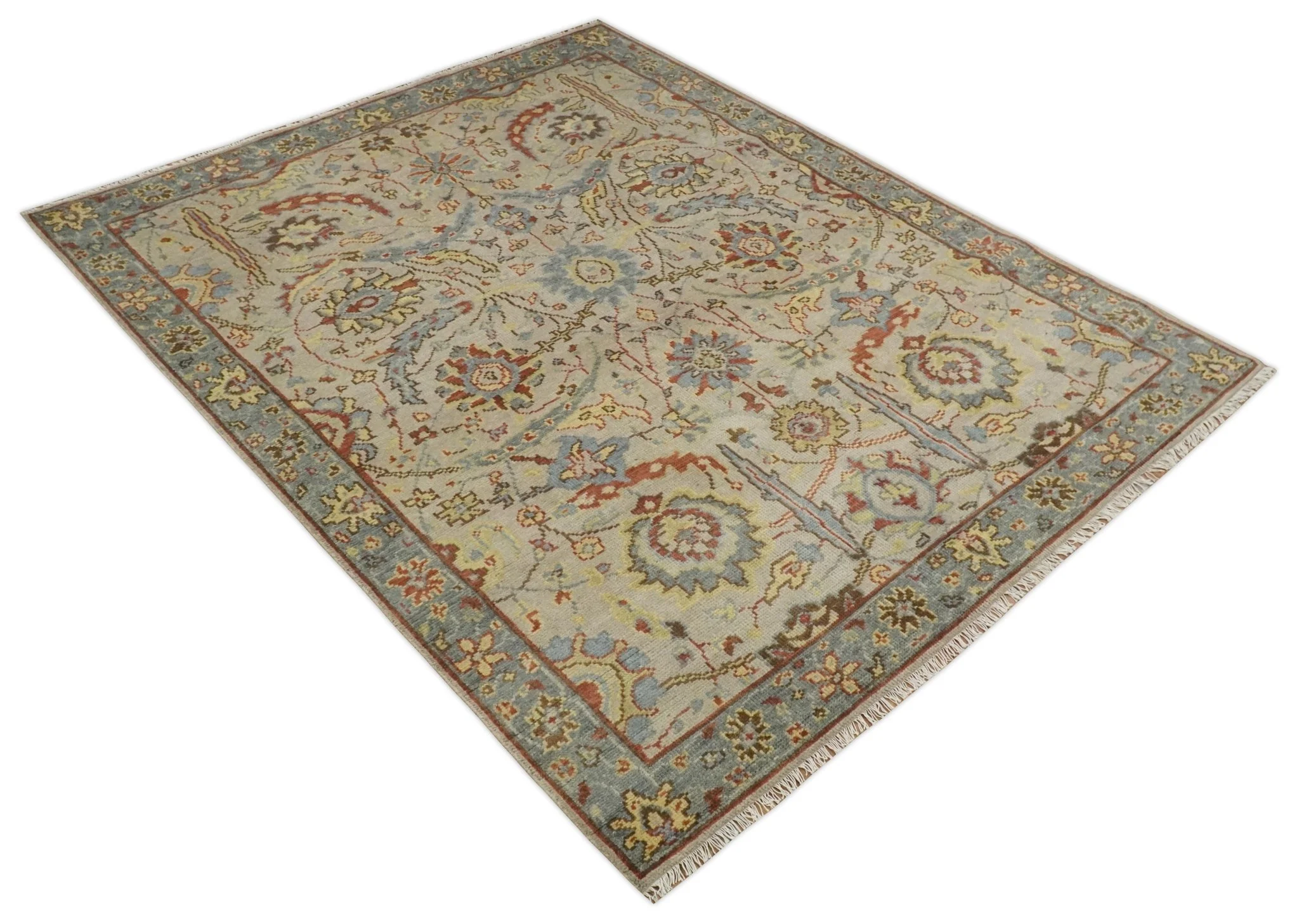 Custom Made Antique look Beige, Rust and Blue Traditional Vintage Style Hand Knotted Wool Area Rug - Image 8