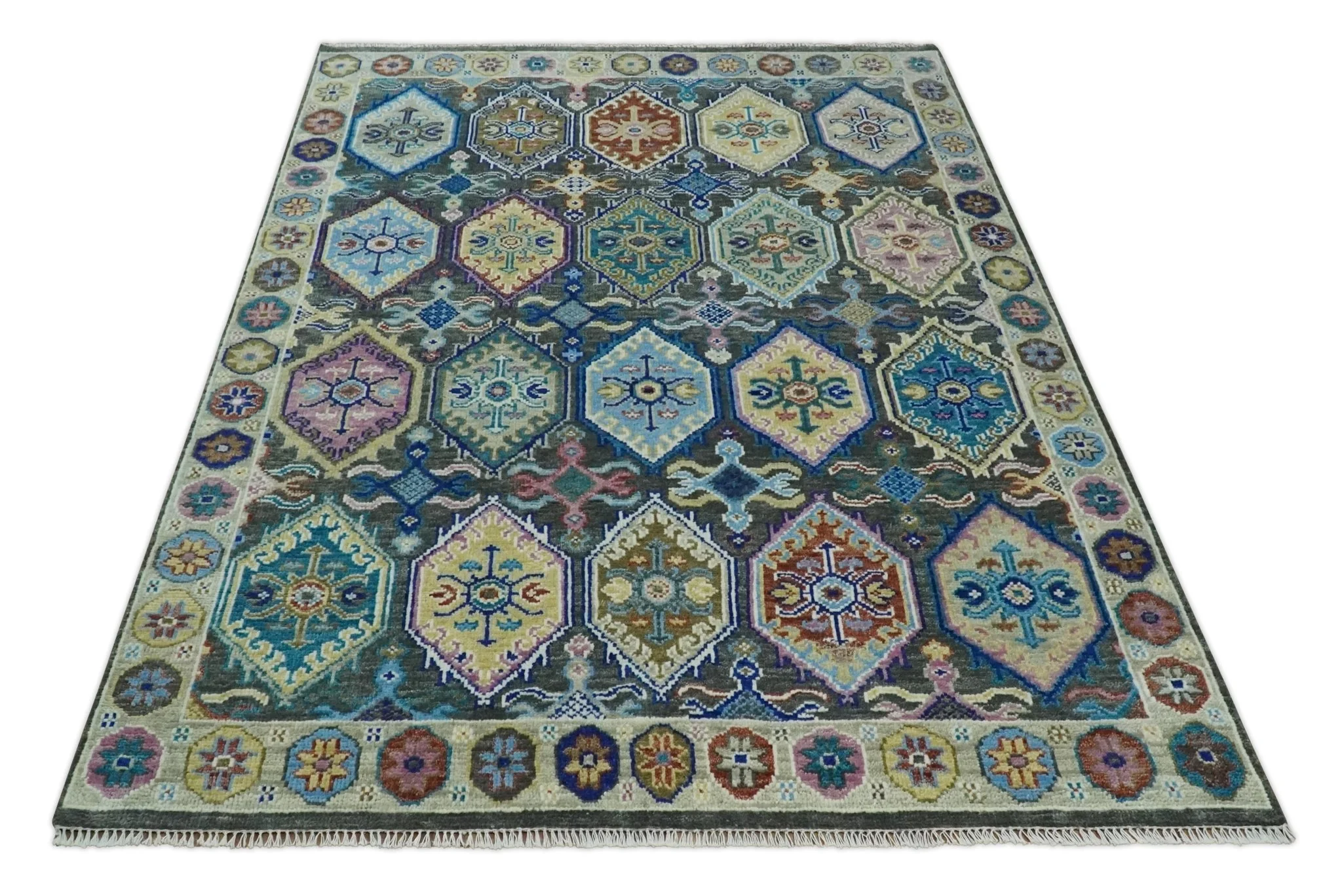 Antique look Charcoal, beige and Blue Hand knotted Traditional Oushak Custom Made wool Area Rug - Image 10