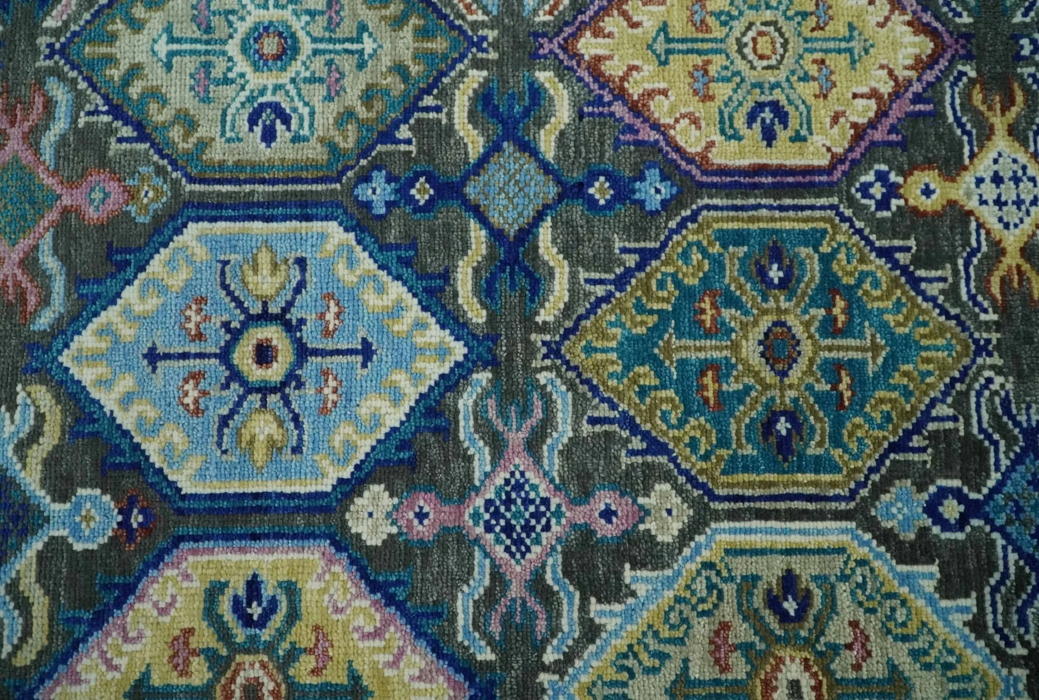 Antique look Charcoal, beige and Blue Hand knotted Traditional Oushak Custom Made wool Area Rug - Image 11