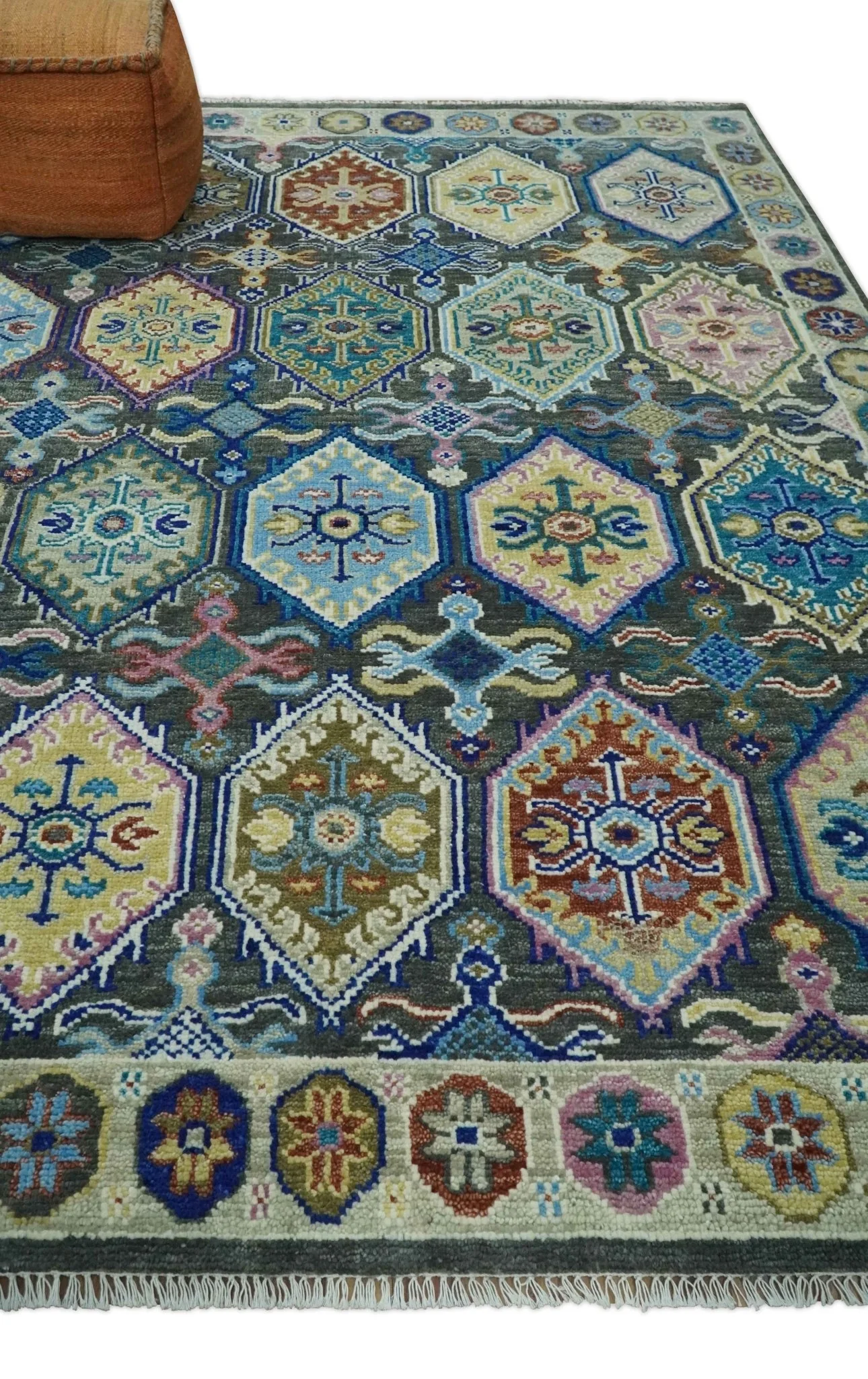 Antique look Charcoal, beige and Blue Hand knotted Traditional Oushak Custom Made wool Area Rug - Image 3