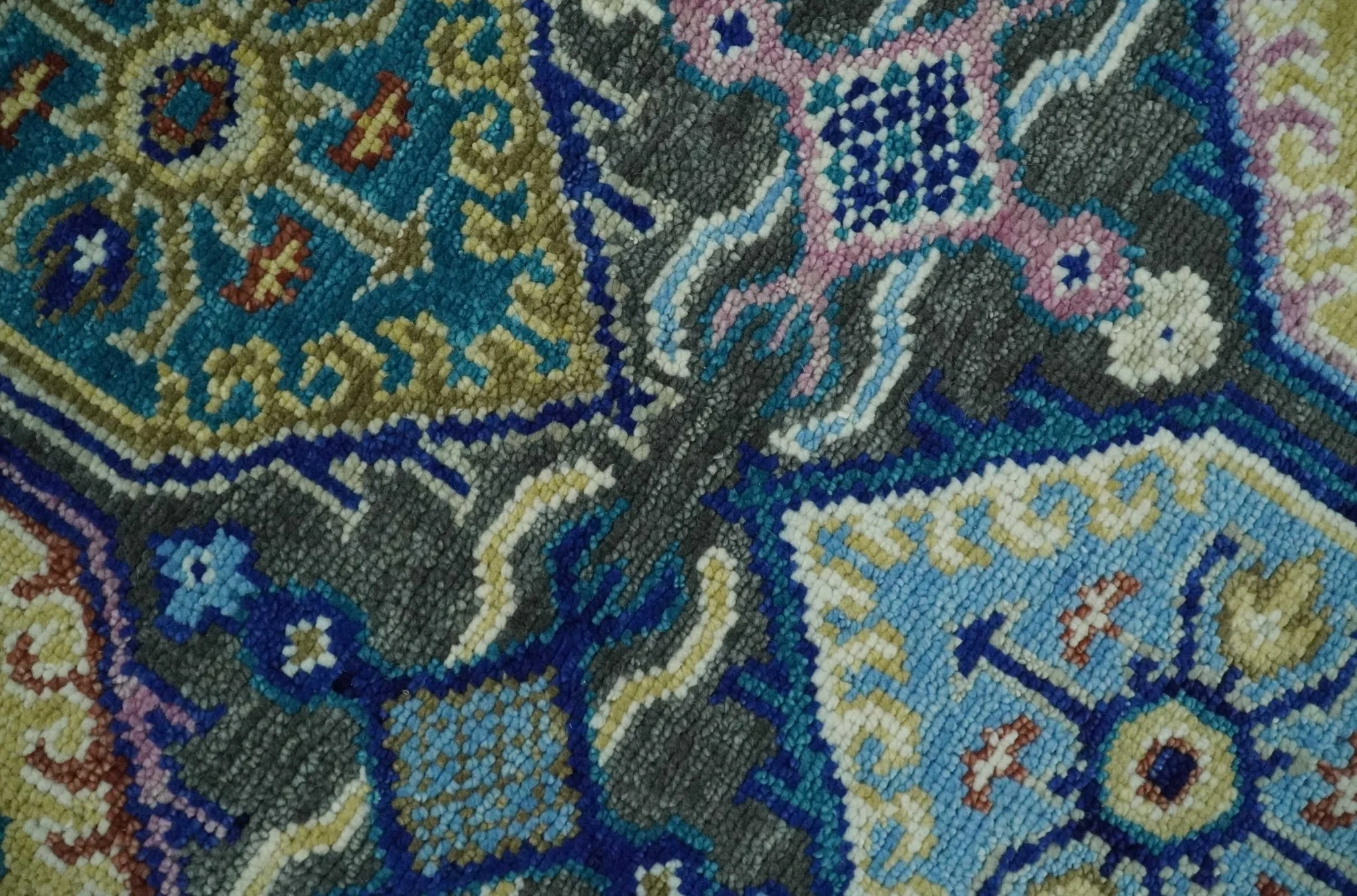 Antique look Charcoal, beige and Blue Hand knotted Traditional Oushak Custom Made wool Area Rug - Image 4