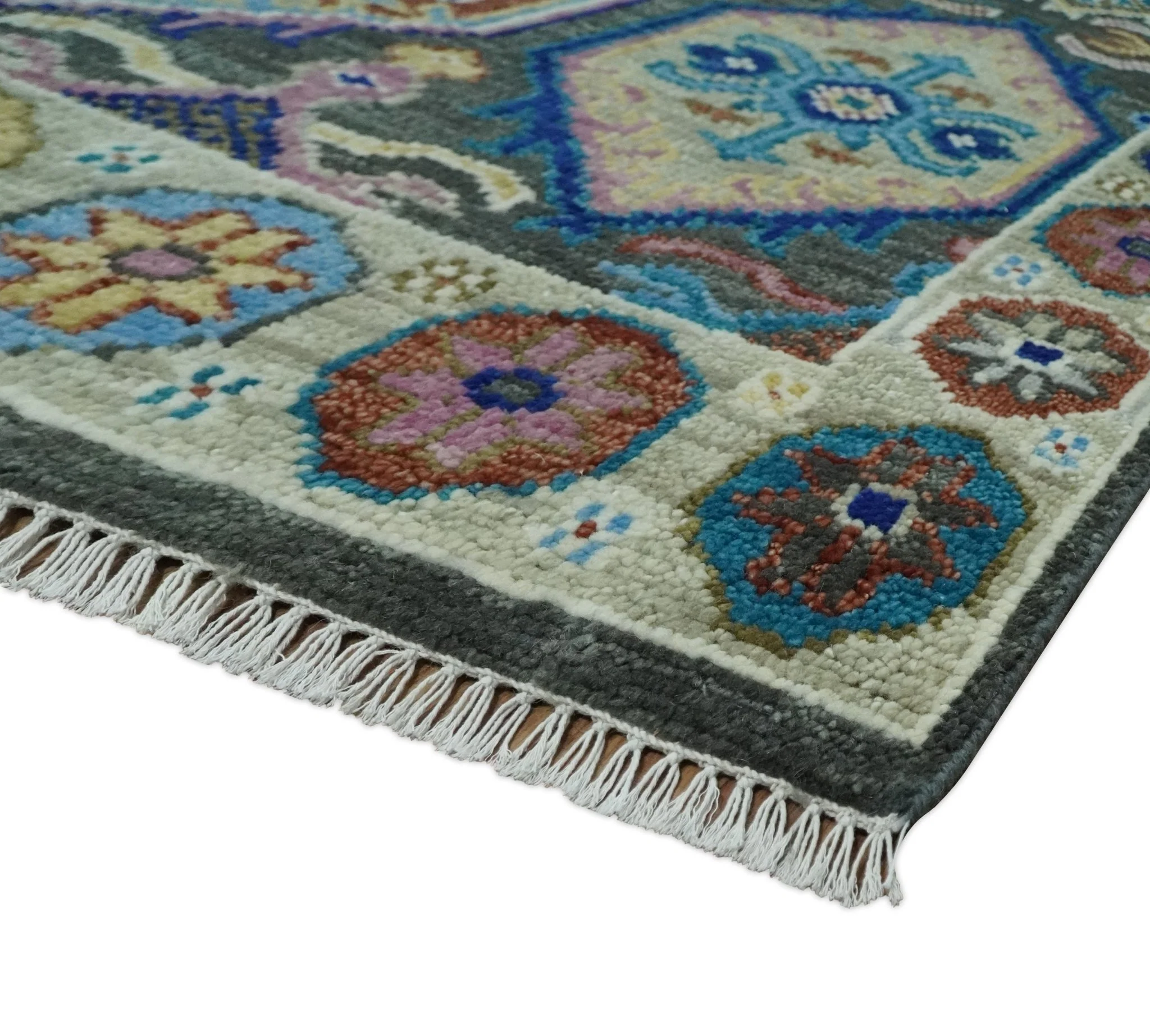 Antique look Charcoal, beige and Blue Hand knotted Traditional Oushak Custom Made wool Area Rug - Image 5