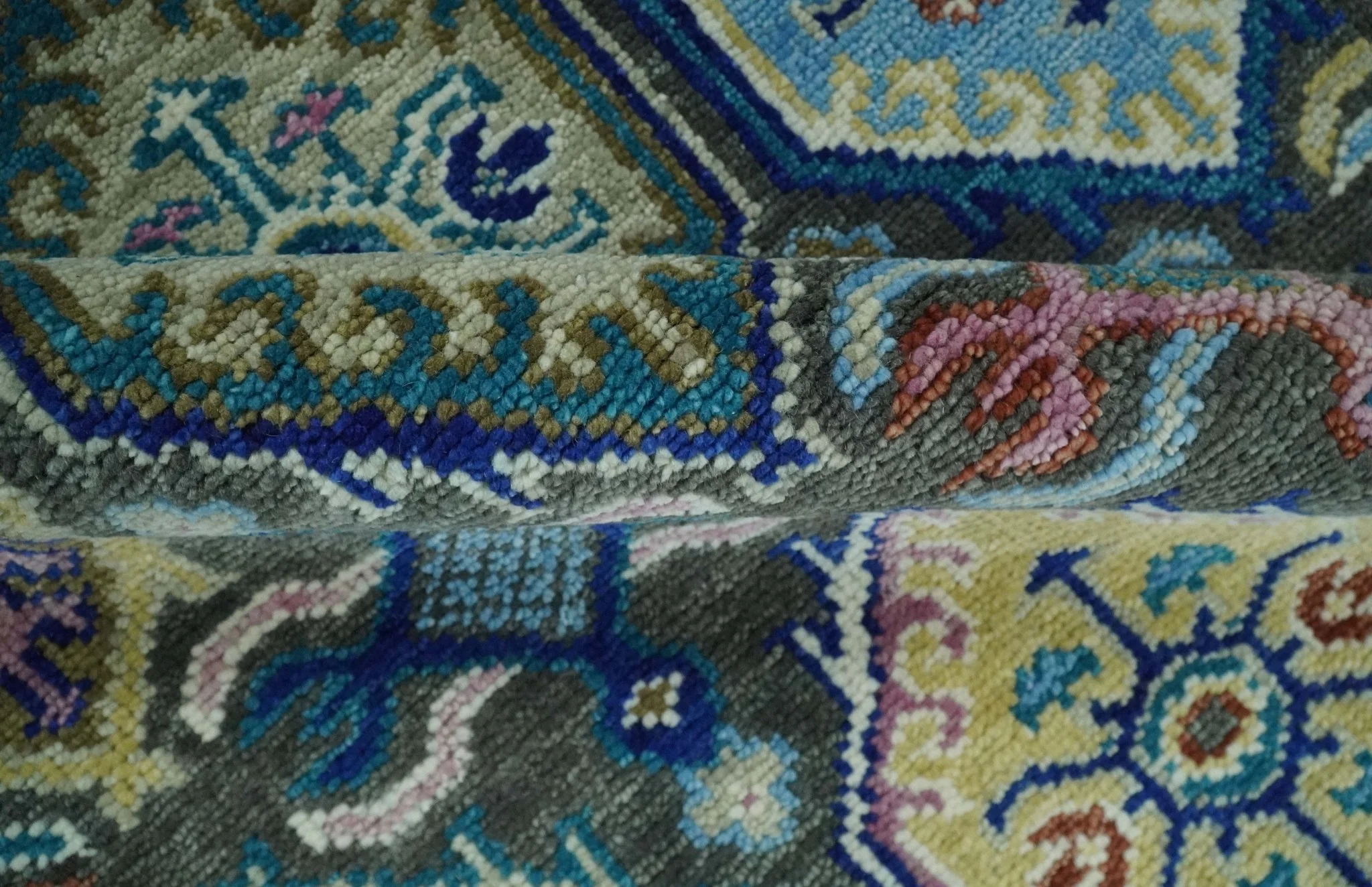 Antique look Charcoal, beige and Blue Hand knotted Traditional Oushak Custom Made wool Area Rug - Image 6