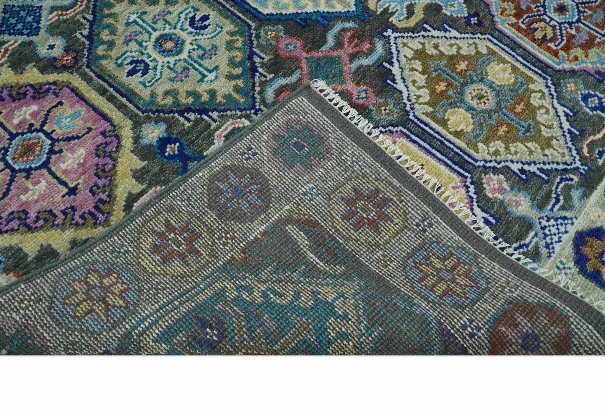 Antique look Charcoal, beige and Blue Hand knotted Traditional Oushak Custom Made wool Area Rug - Image 7