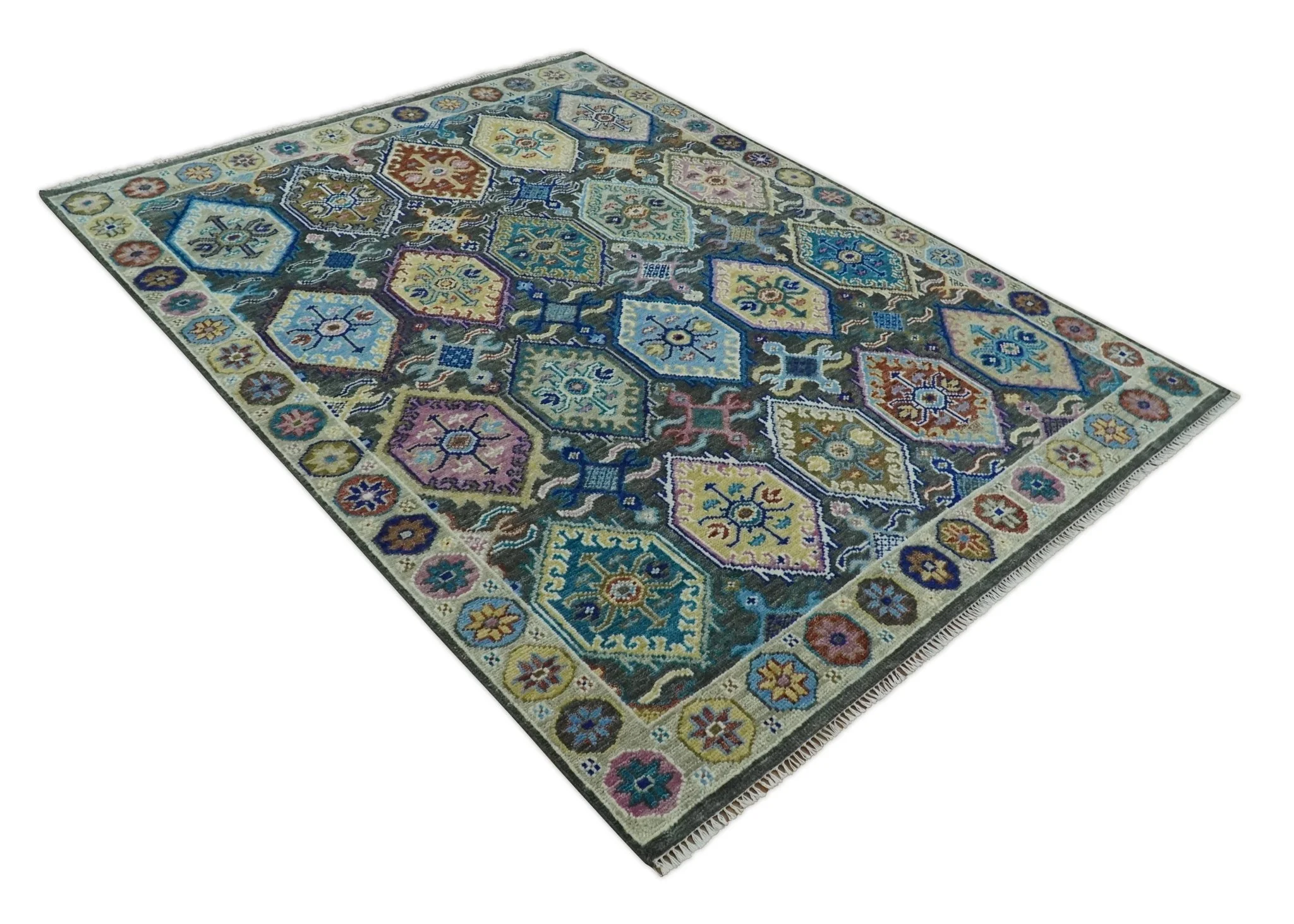 Antique look Charcoal, beige and Blue Hand knotted Traditional Oushak Custom Made wool Area Rug - Image 9