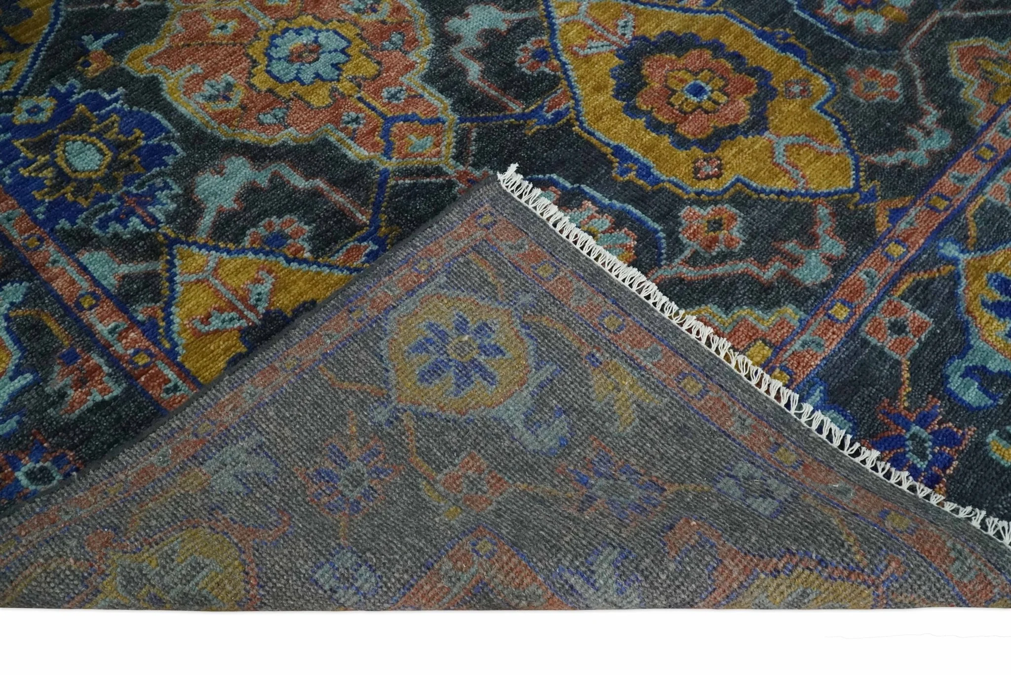 Custom Made Antique look Traditional Ikat Large Design Gray, Rust and Blue Hand knotted Oushak wool Area Rug - Image 10