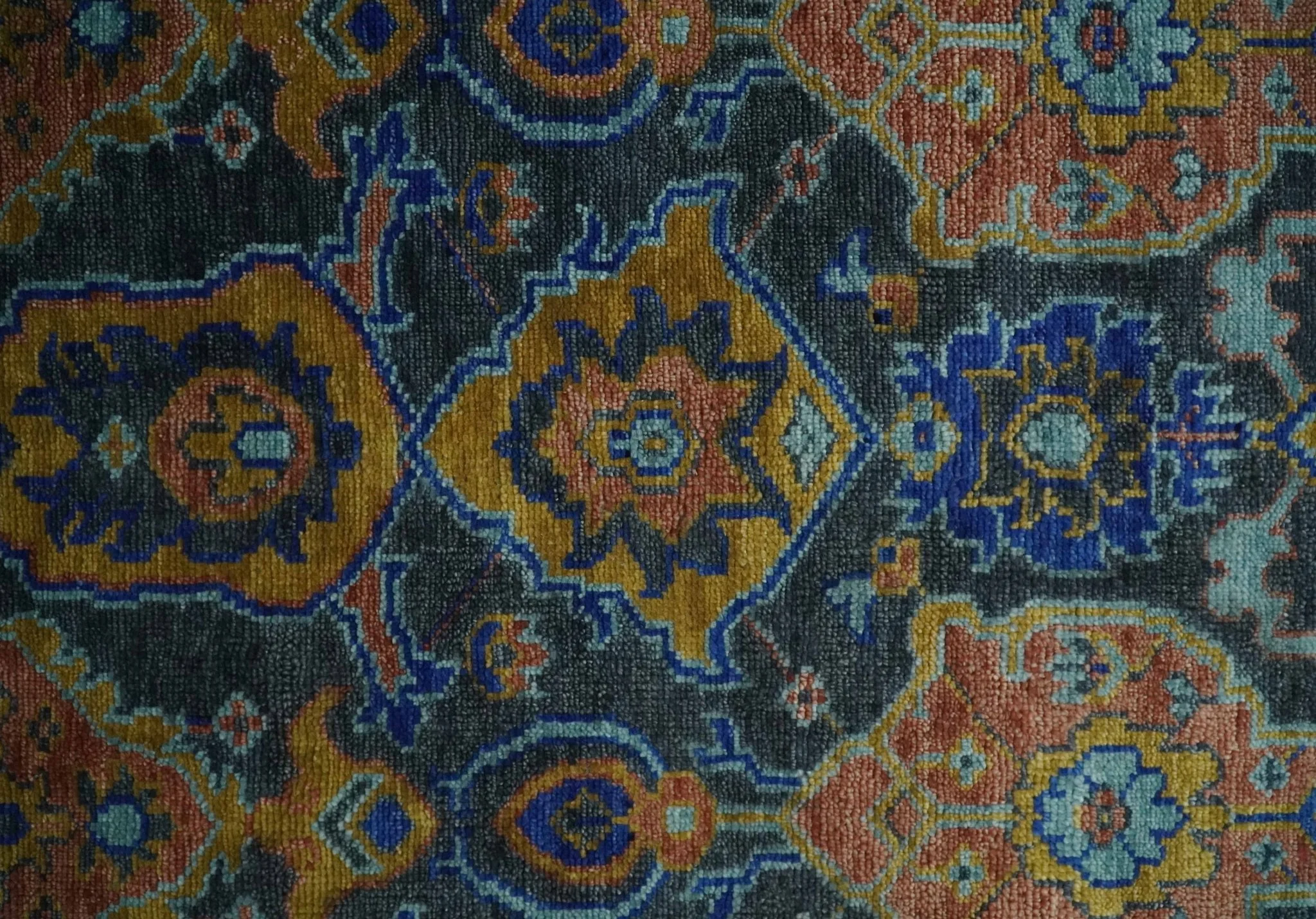 Custom Made Antique look Traditional Ikat Large Design Gray, Rust and Blue Hand knotted Oushak wool Area Rug - Image 11