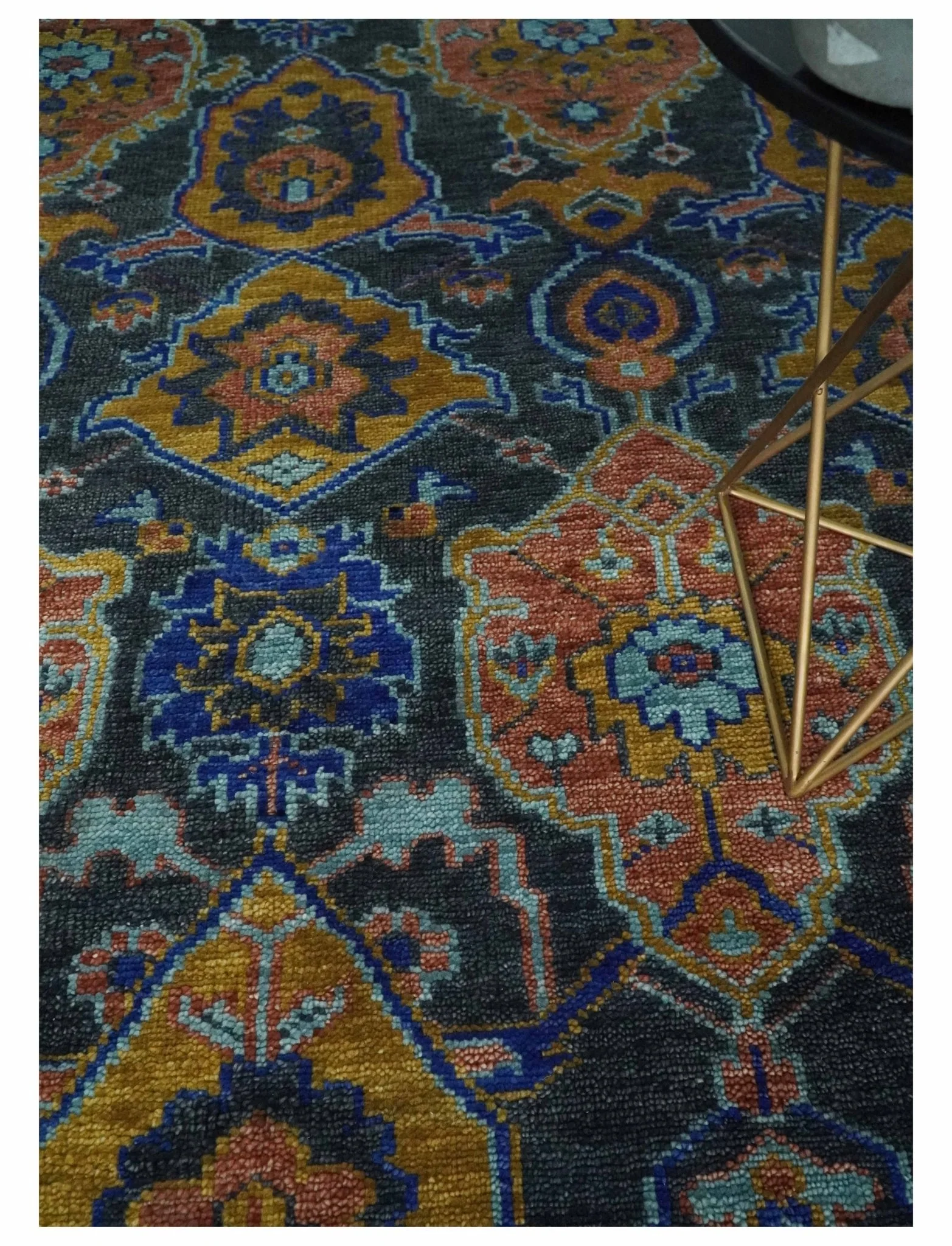 Custom Made Antique look Traditional Ikat Large Design Gray, Rust and Blue Hand knotted Oushak wool Area Rug - Image 2