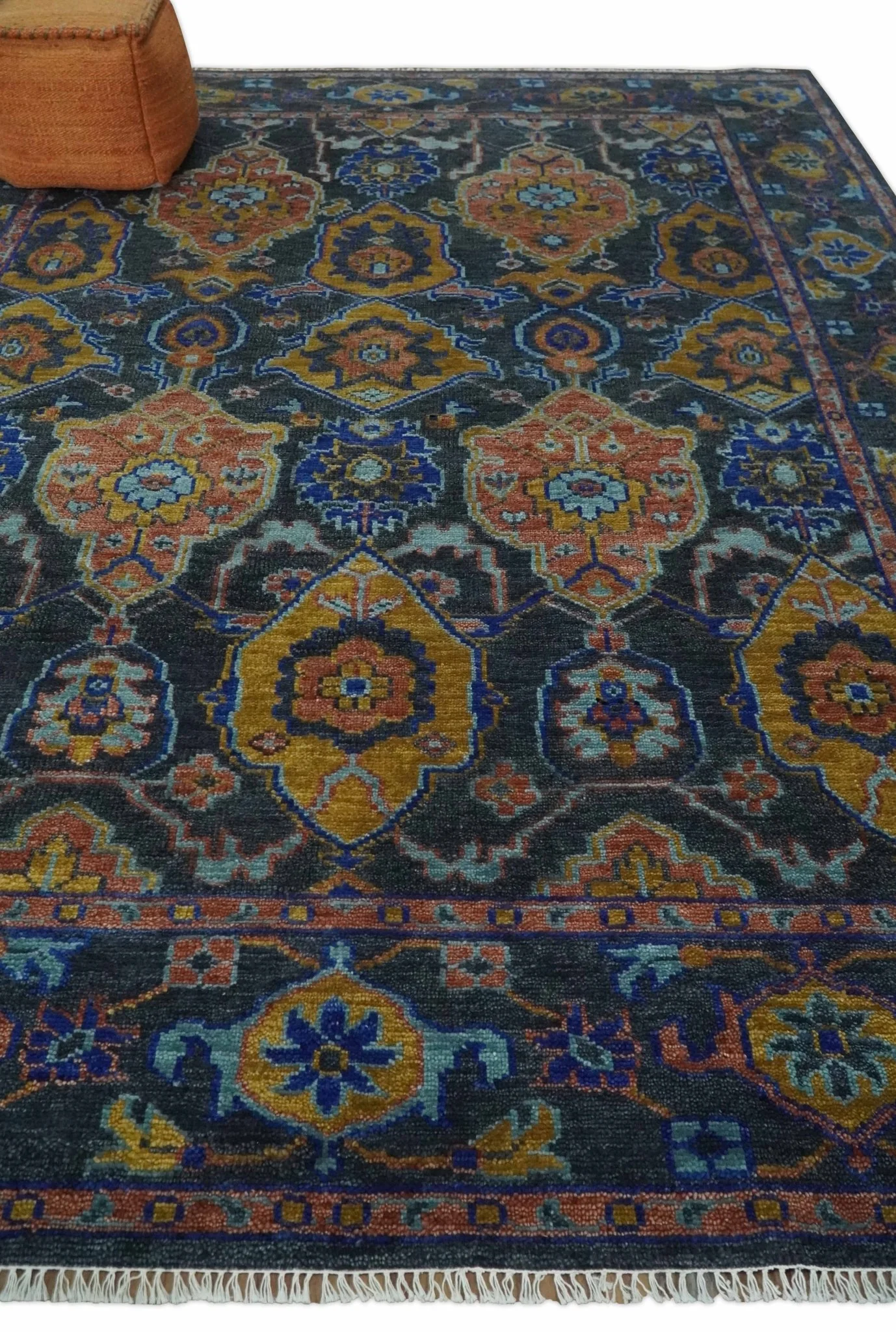 Custom Made Antique look Traditional Ikat Large Design Gray, Rust and Blue Hand knotted Oushak wool Area Rug - Image 3