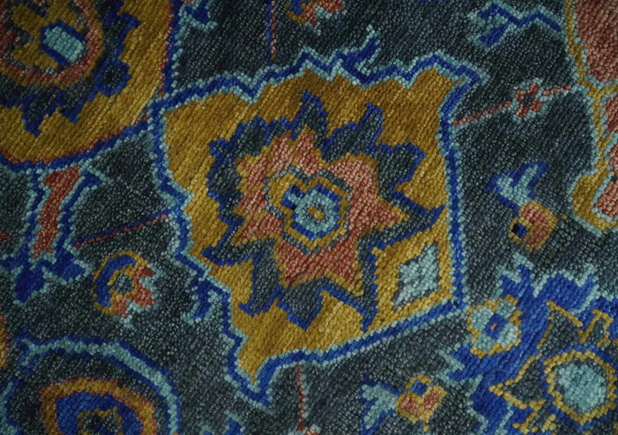 Custom Made Antique look Traditional Ikat Large Design Gray, Rust and Blue Hand knotted Oushak wool Area Rug - Image 4