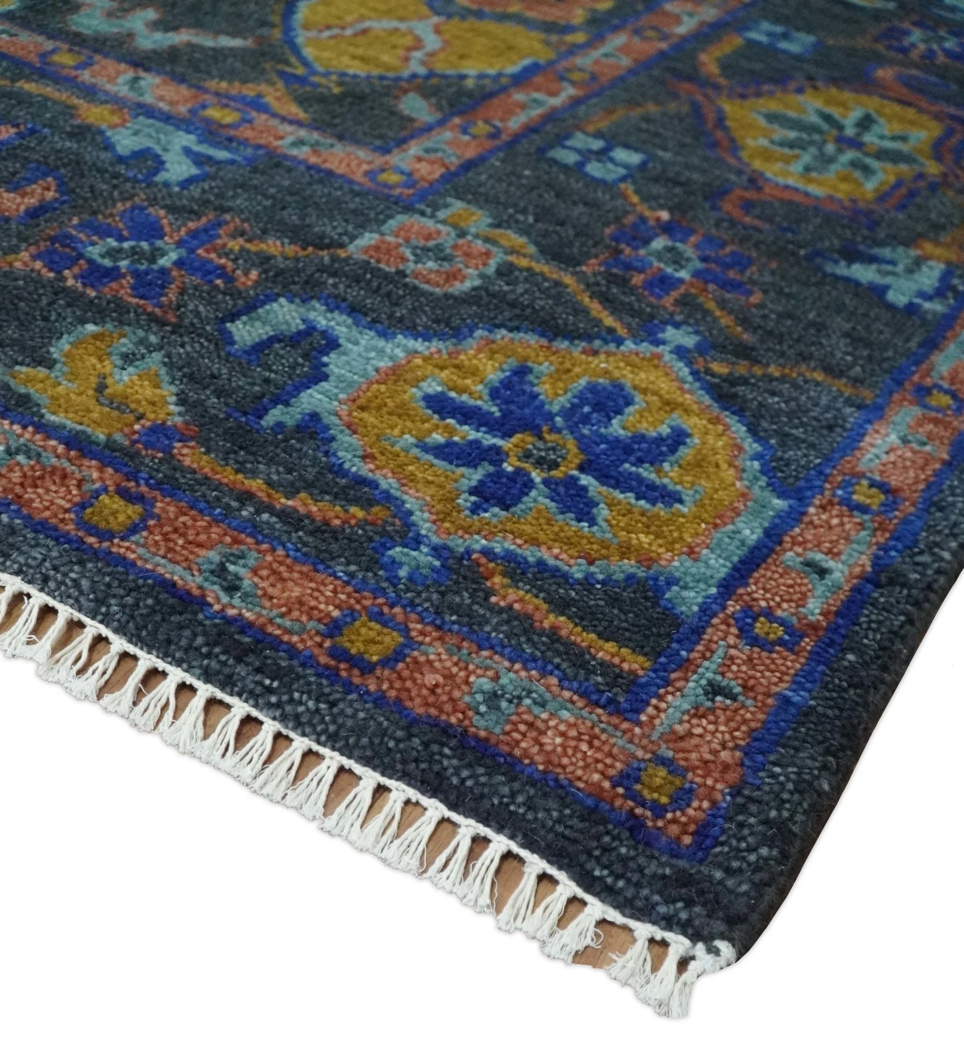 Custom Made Antique look Traditional Ikat Large Design Gray, Rust and Blue Hand knotted Oushak wool Area Rug - Image 5