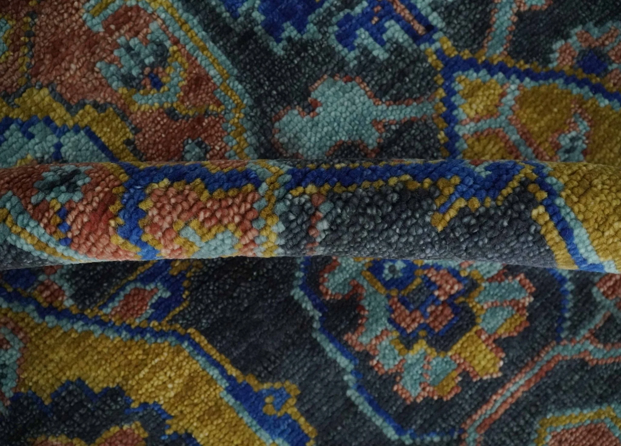 Custom Made Antique look Traditional Ikat Large Design Gray, Rust and Blue Hand knotted Oushak wool Area Rug - Image 6