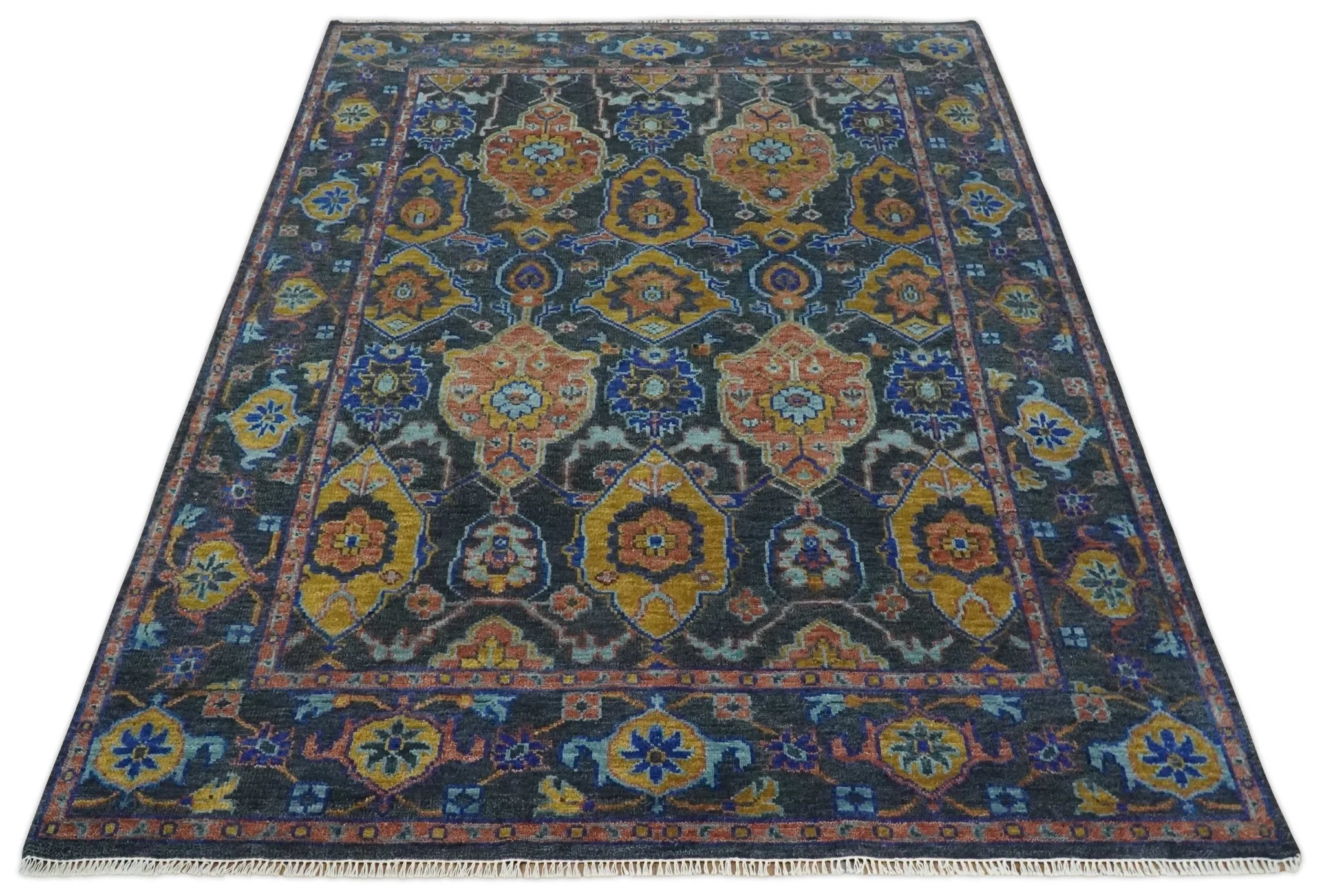 Custom Made Antique look Traditional Ikat Large Design Gray, Rust and Blue Hand knotted Oushak wool Area Rug - Image 8