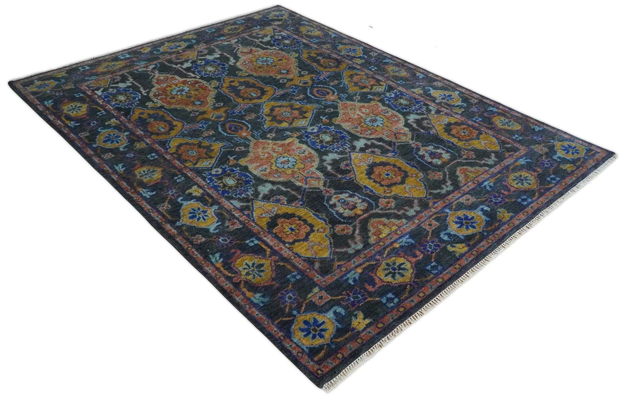 Custom Made Antique look Traditional Ikat Large Design Gray, Rust and Blue Hand knotted Oushak wool Area Rug - Image 9